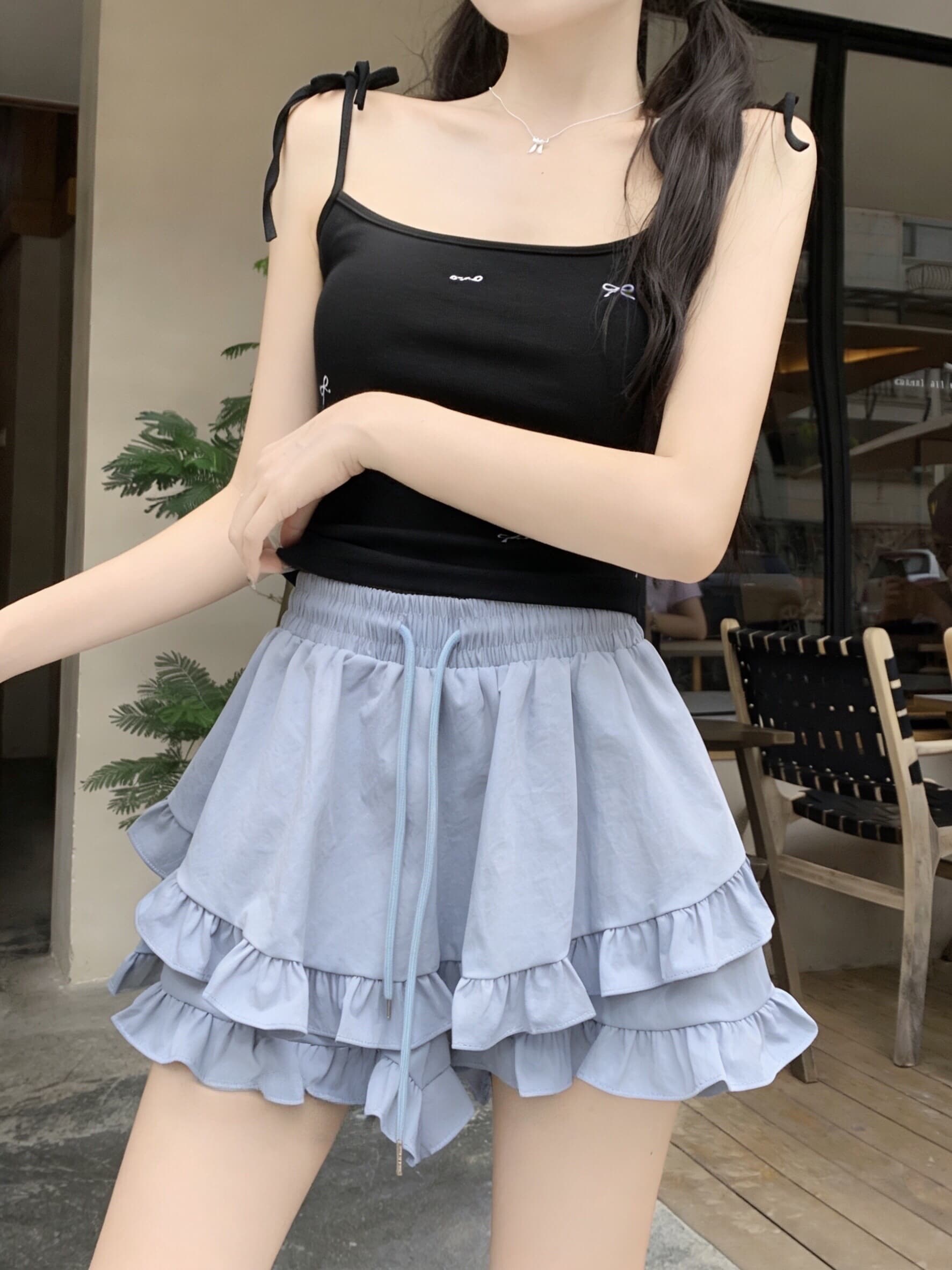 실사 불규칙 프릴 밴딩 하이웨이스트 짧은 치마바지 여름 캐주얼 하이웨이스트 슬림해 보이는 루즈핏 와이드 레그 팬츠 상세 이미지 12