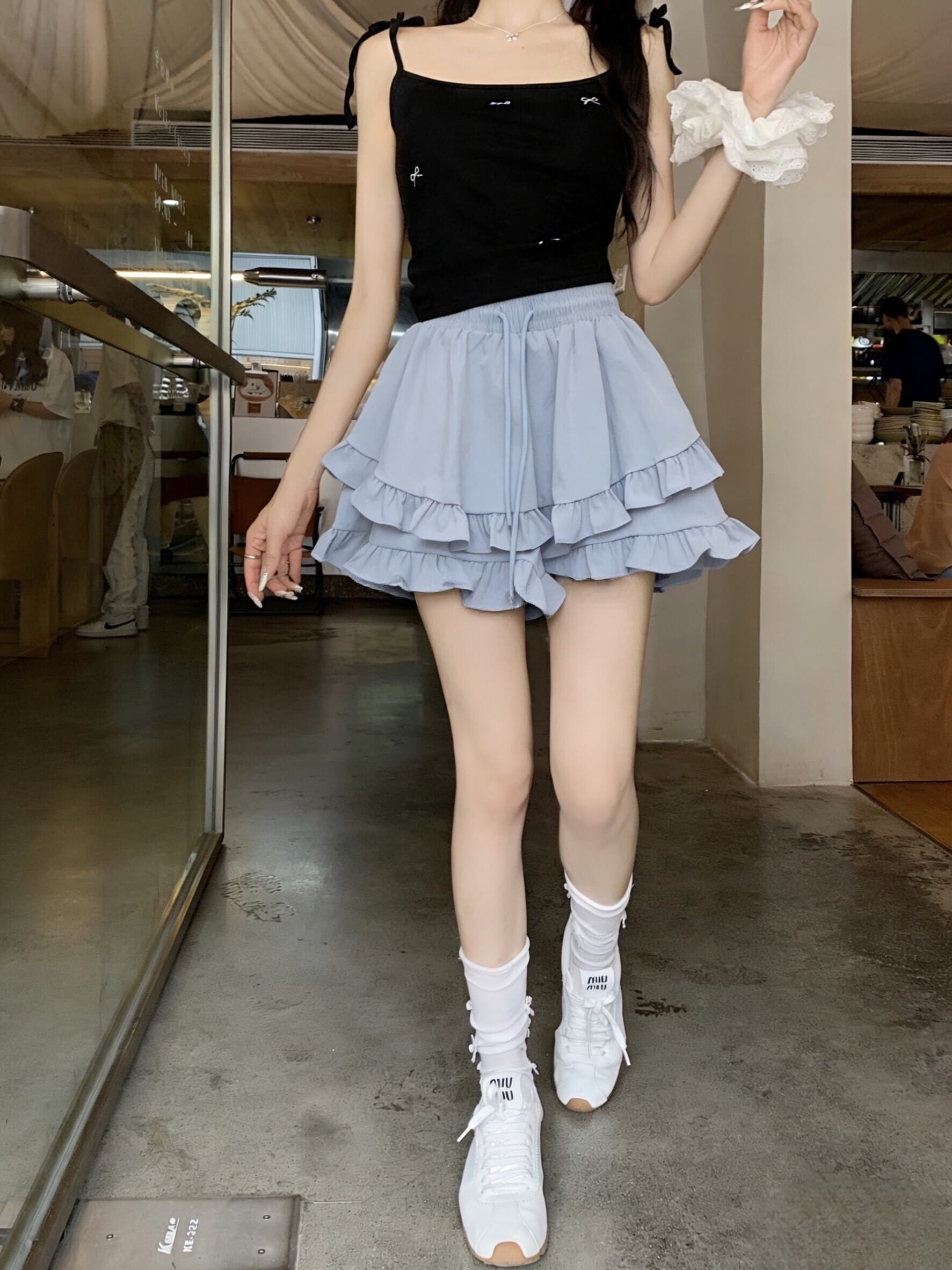 실사 불규칙 프릴 밴딩 하이웨이스트 짧은 치마바지 여름 캐주얼 하이웨이스트 슬림해 보이는 루즈핏 와이드 레그 팬츠 상세 이미지 13