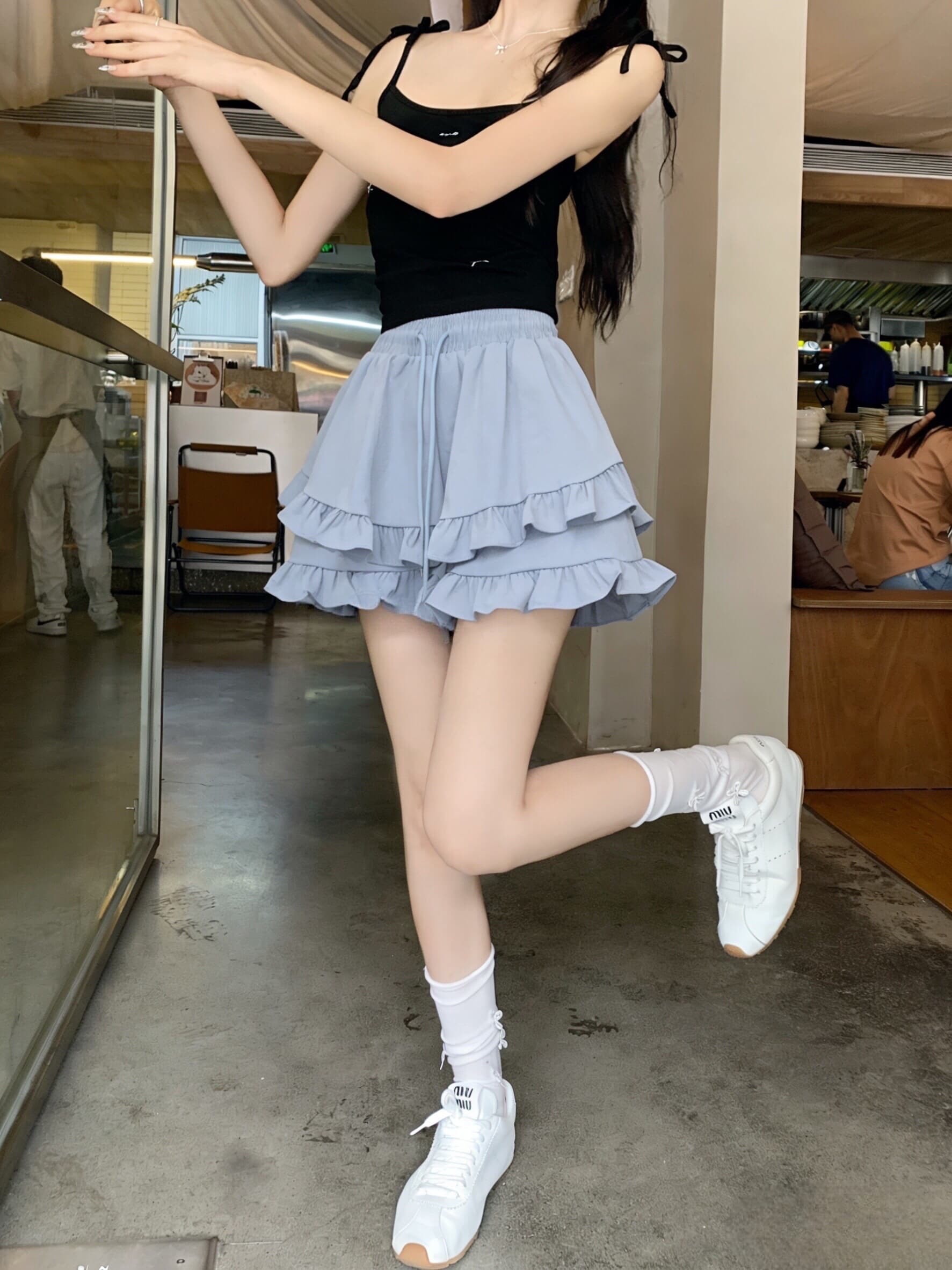 실사 불규칙 프릴 밴딩 하이웨이스트 짧은 치마바지 여름 캐주얼 하이웨이스트 슬림해 보이는 루즈핏 와이드 레그 팬츠 상세 이미지 14