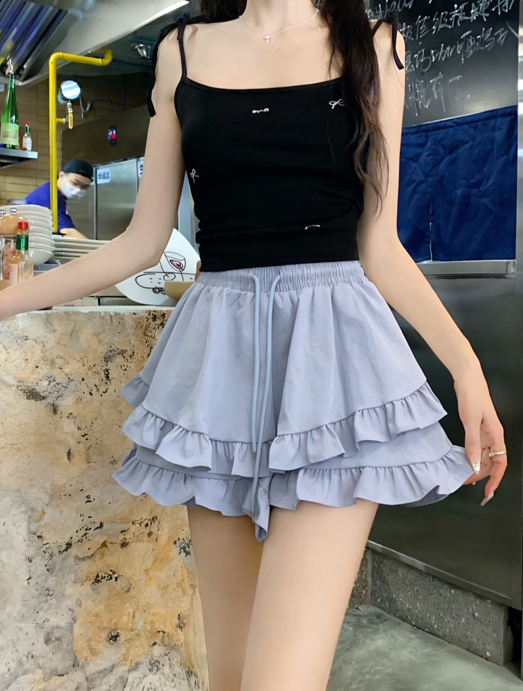 실사 불규칙 프릴 밴딩 하이웨이스트 짧은 치마바지 여름 캐주얼 하이웨이스트 슬림해 보이는 루즈핏 와이드 레그 팬츠 상세 이미지 15