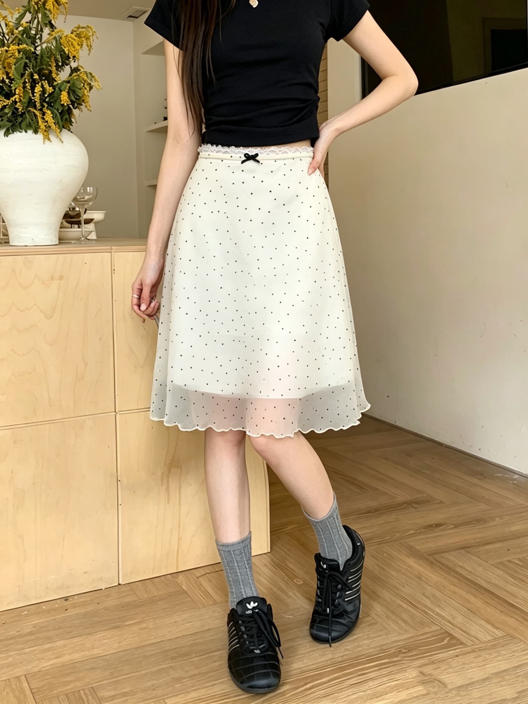 실사 여름 레트로 도트 무늬 쉬폰 한 마디 반신 스커트 여자 중간 롱 코트 레이스 측면 치마 스트레이트 슬림해 보이는 중간 스커트 상세 이미지 4