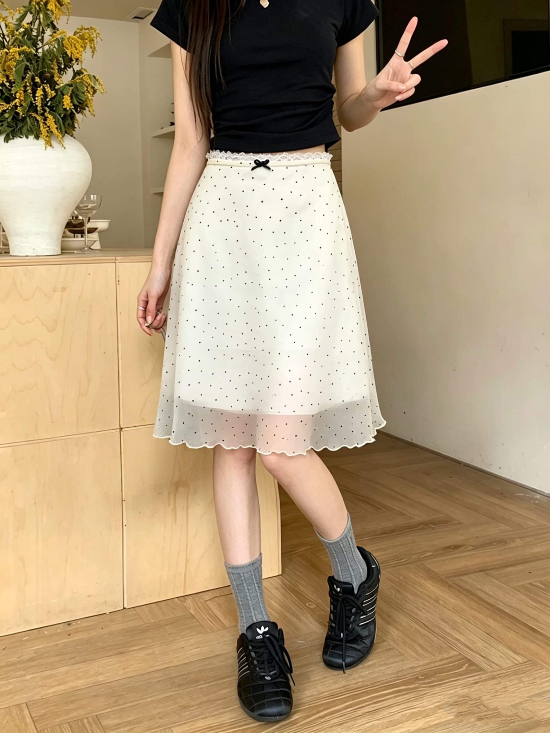 실사 여름 레트로 도트 무늬 쉬폰 한 마디 반신 스커트 여자 중간 롱 코트 레이스 측면 치마 스트레이트 슬림해 보이는 중간 스커트 상세 이미지 7