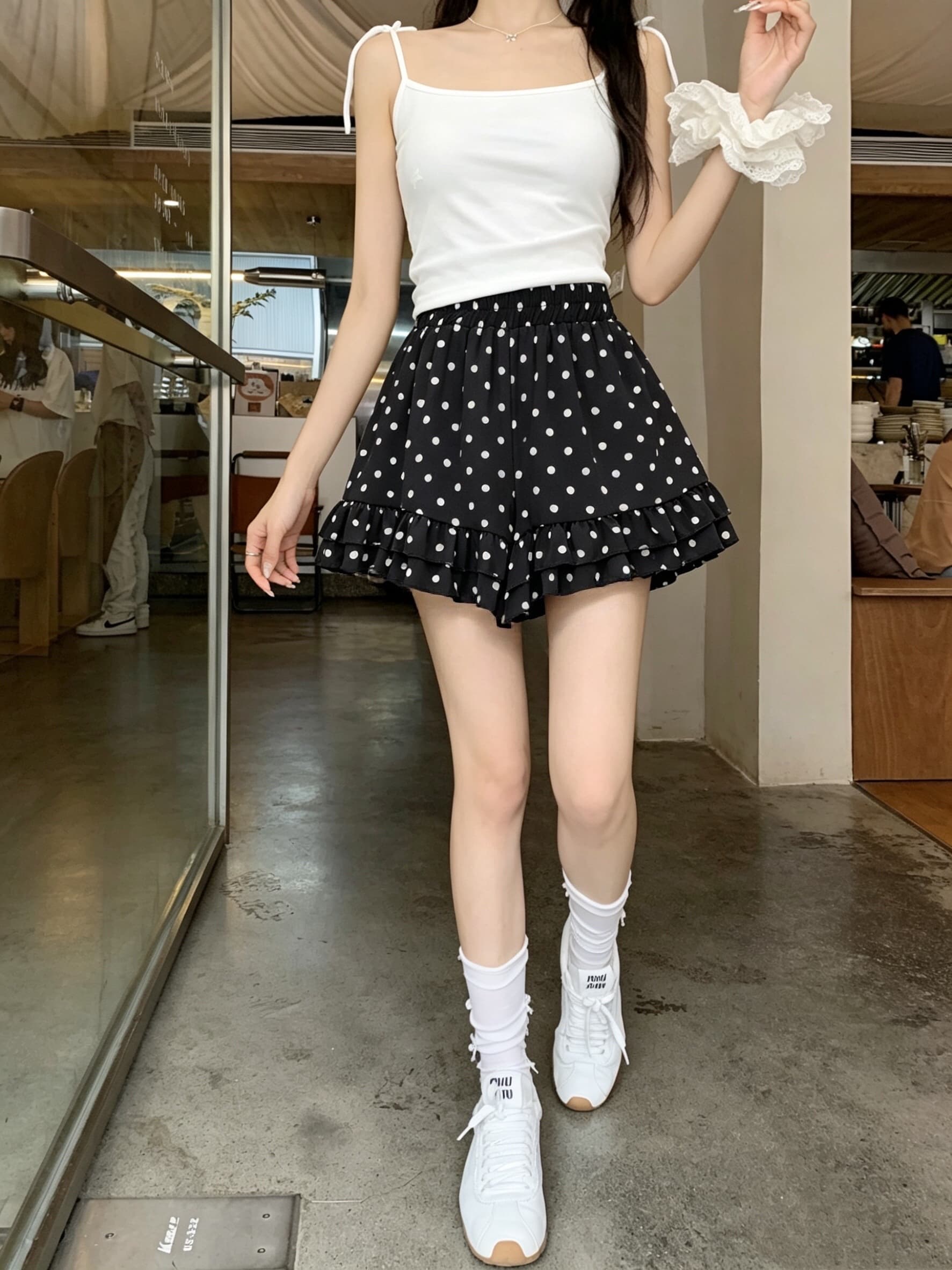 실사 쉬폰 얇은 스타일 도트 무늬 여름 프릴 캐주얼 반바지 하이웨이스트 다용도 슬림해 보이는 루즈핏 와이드 레그 팬츠 상세 이미지 2