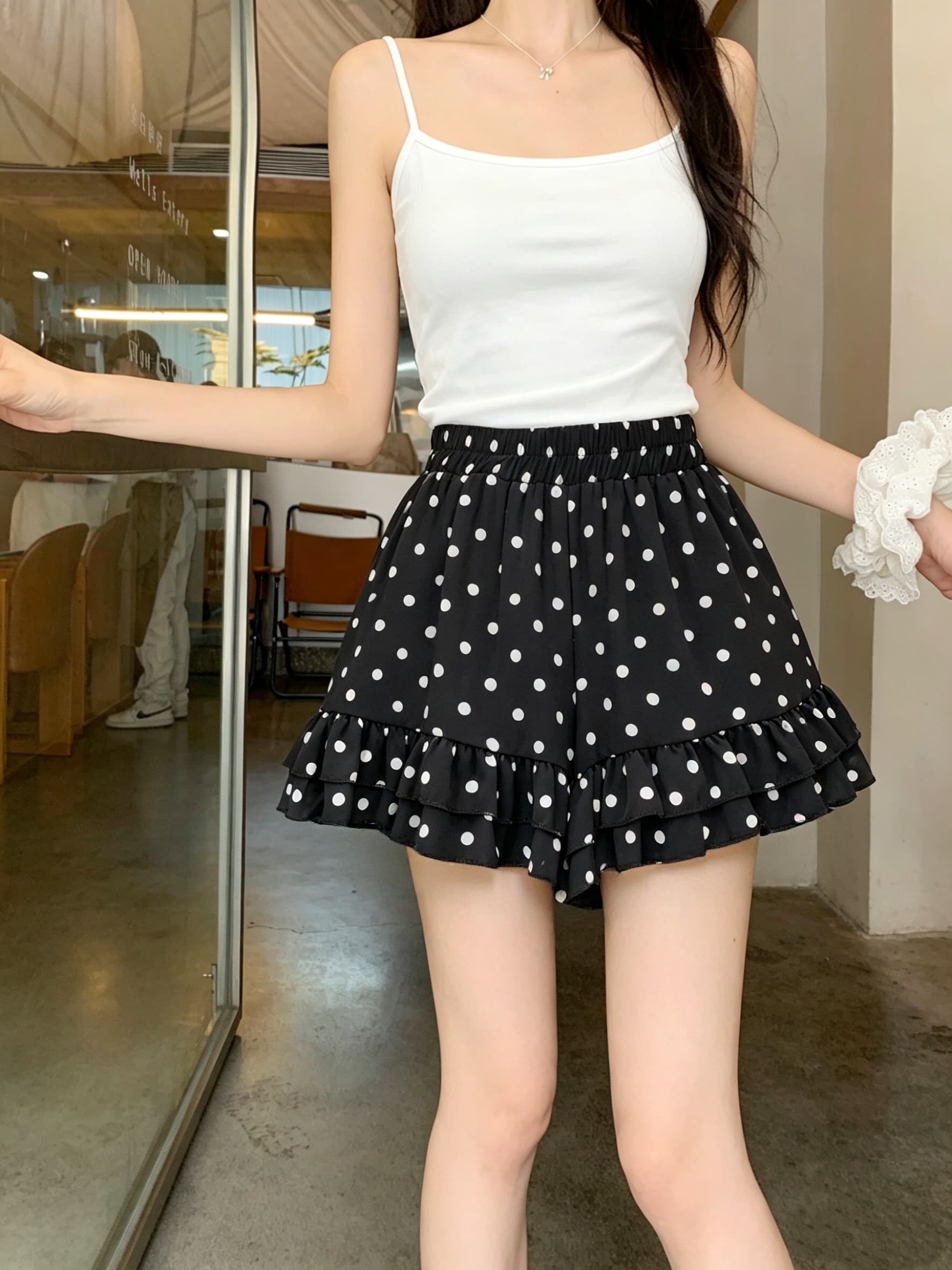 실사 쉬폰 얇은 스타일 도트 무늬 여름 프릴 캐주얼 반바지 하이웨이스트 다용도 슬림해 보이는 루즈핏 와이드 레그 팬츠 상세 이미지 3