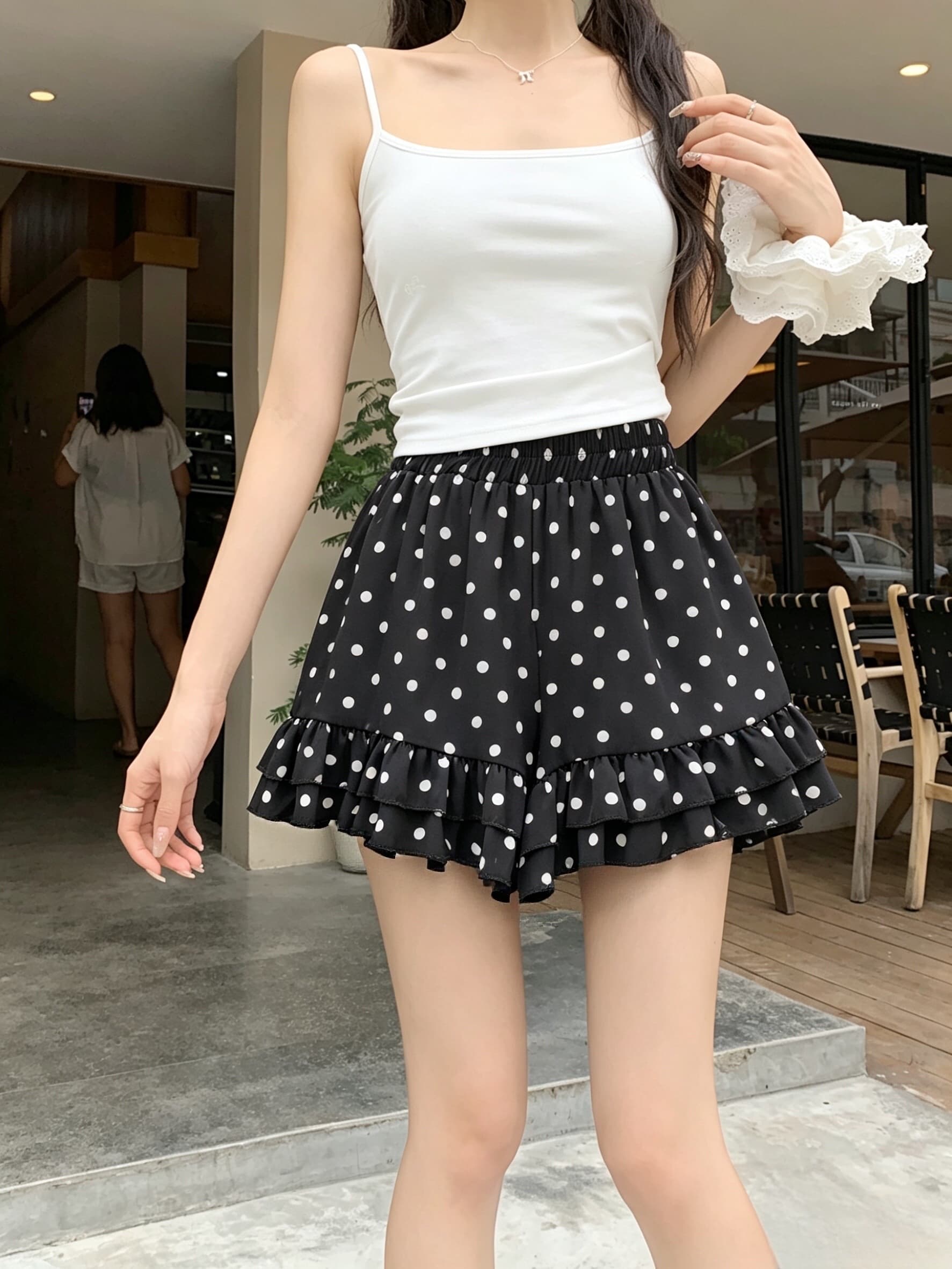 실사 쉬폰 얇은 스타일 도트 무늬 여름 프릴 캐주얼 반바지 하이웨이스트 다용도 슬림해 보이는 루즈핏 와이드 레그 팬츠 상세 이미지 4