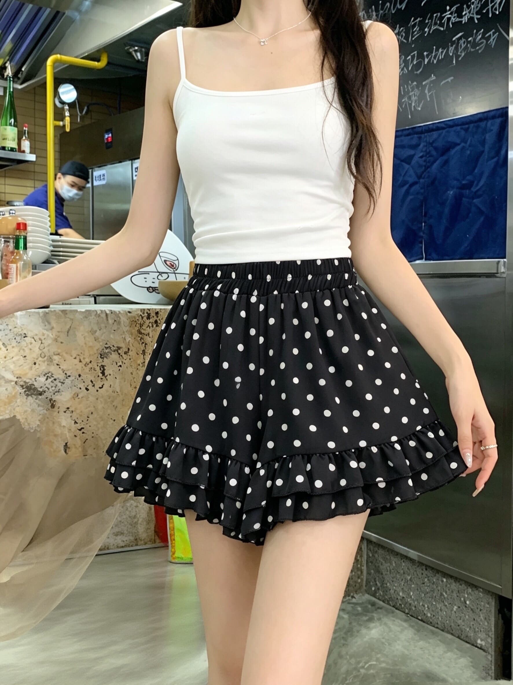 실사 쉬폰 얇은 스타일 도트 무늬 여름 프릴 캐주얼 반바지 하이웨이스트 다용도 슬림해 보이는 루즈핏 와이드 레그 팬츠 상세 이미지 6