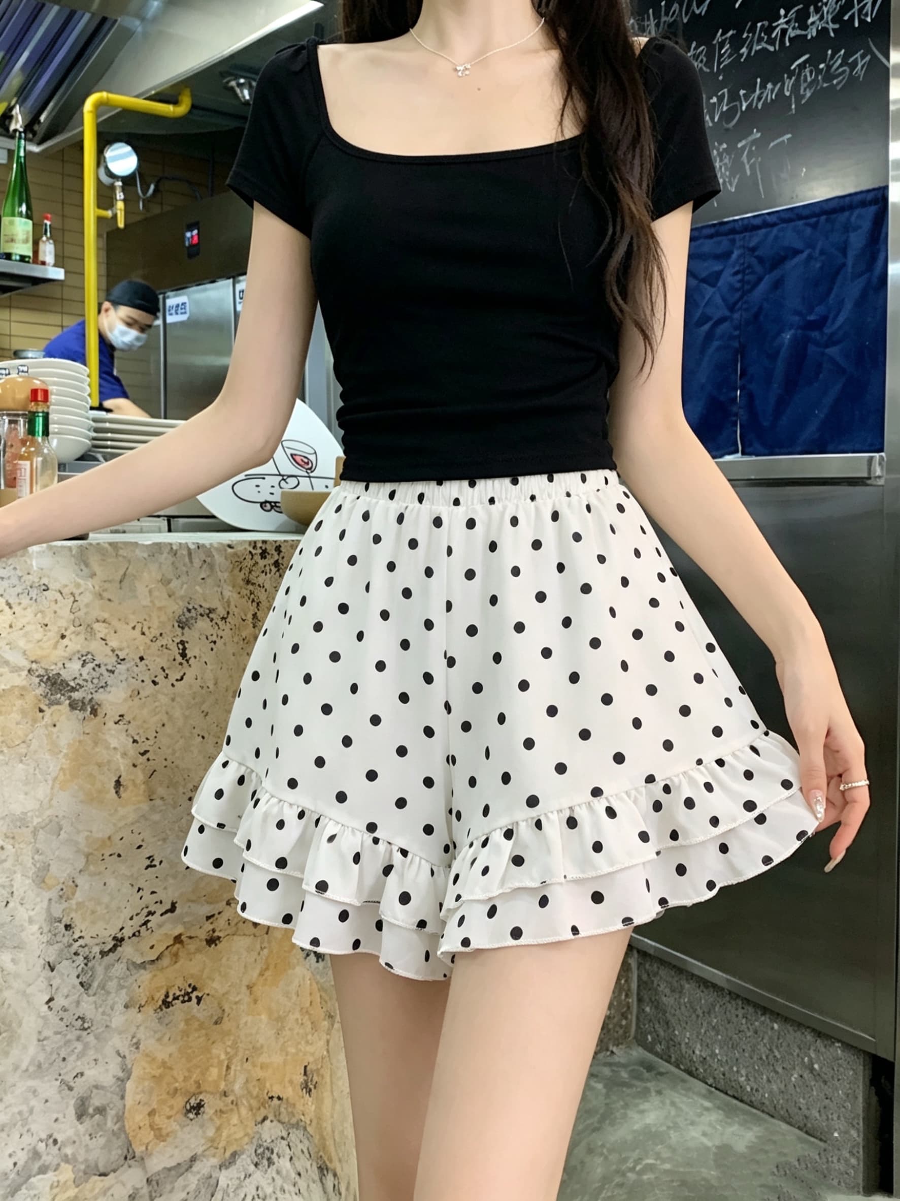 실사 쉬폰 얇은 스타일 도트 무늬 여름 프릴 캐주얼 반바지 하이웨이스트 다용도 슬림해 보이는 루즈핏 와이드 레그 팬츠 상세 이미지 8