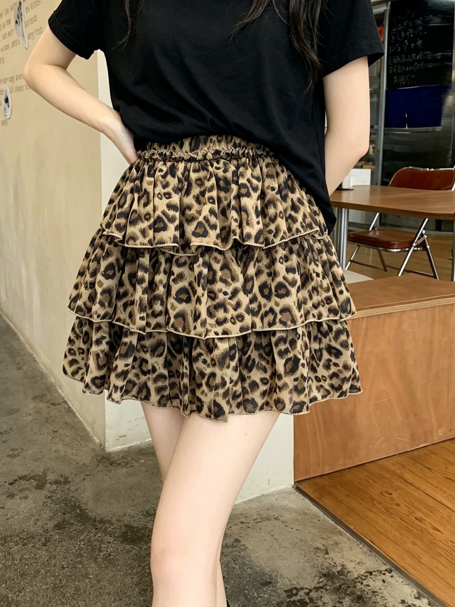 실사 레오파드 무늬 퍼프 프릴 케이크 미니 스커트 여성 여름 연령 감소 다용도 반신 스커트 이미지 3
