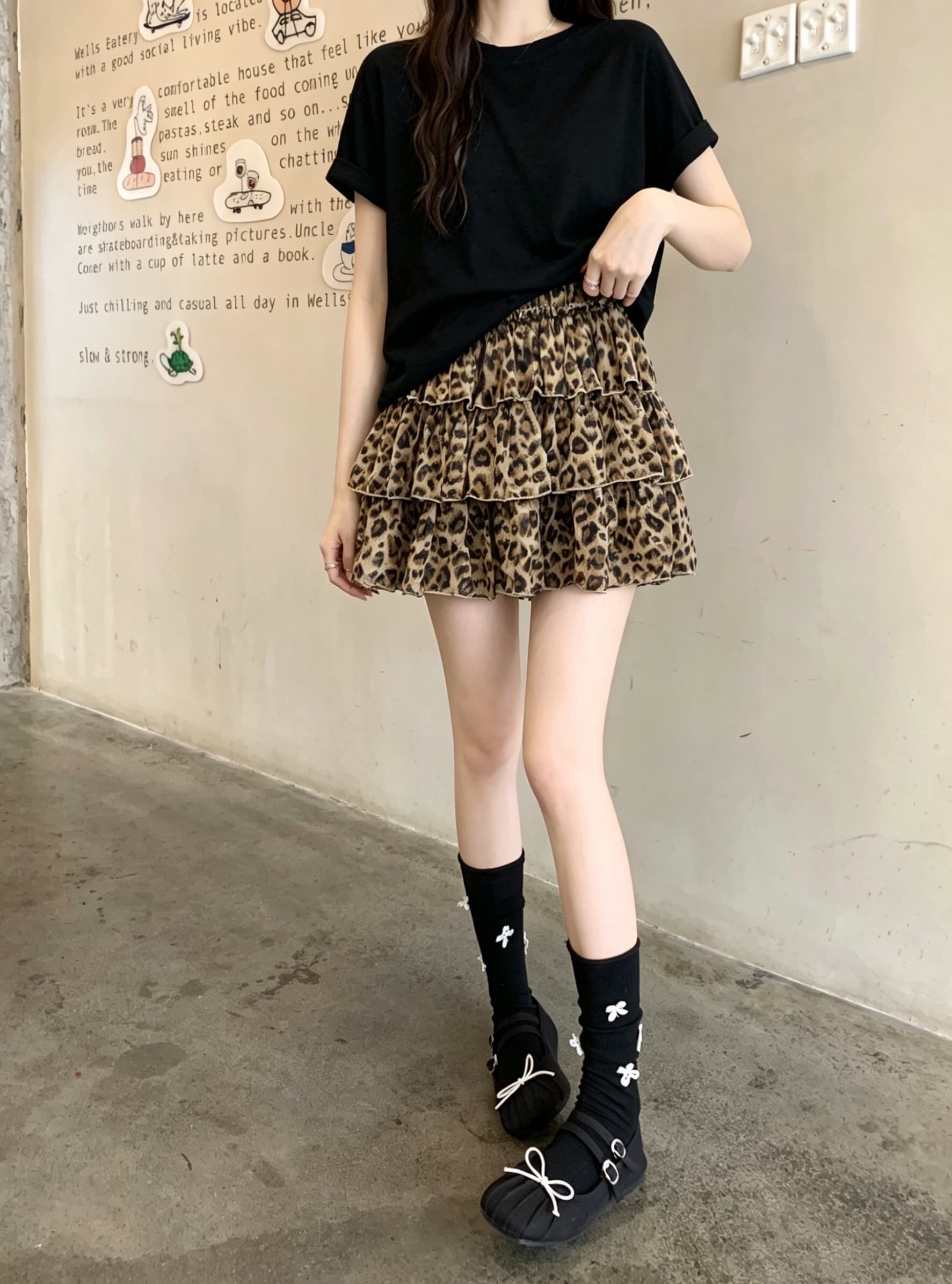 실사 레오파드 무늬 퍼프 프릴 케이크 미니 스커트 여성 여름 연령 감소 다용도 반신 스커트 상세 이미지 1