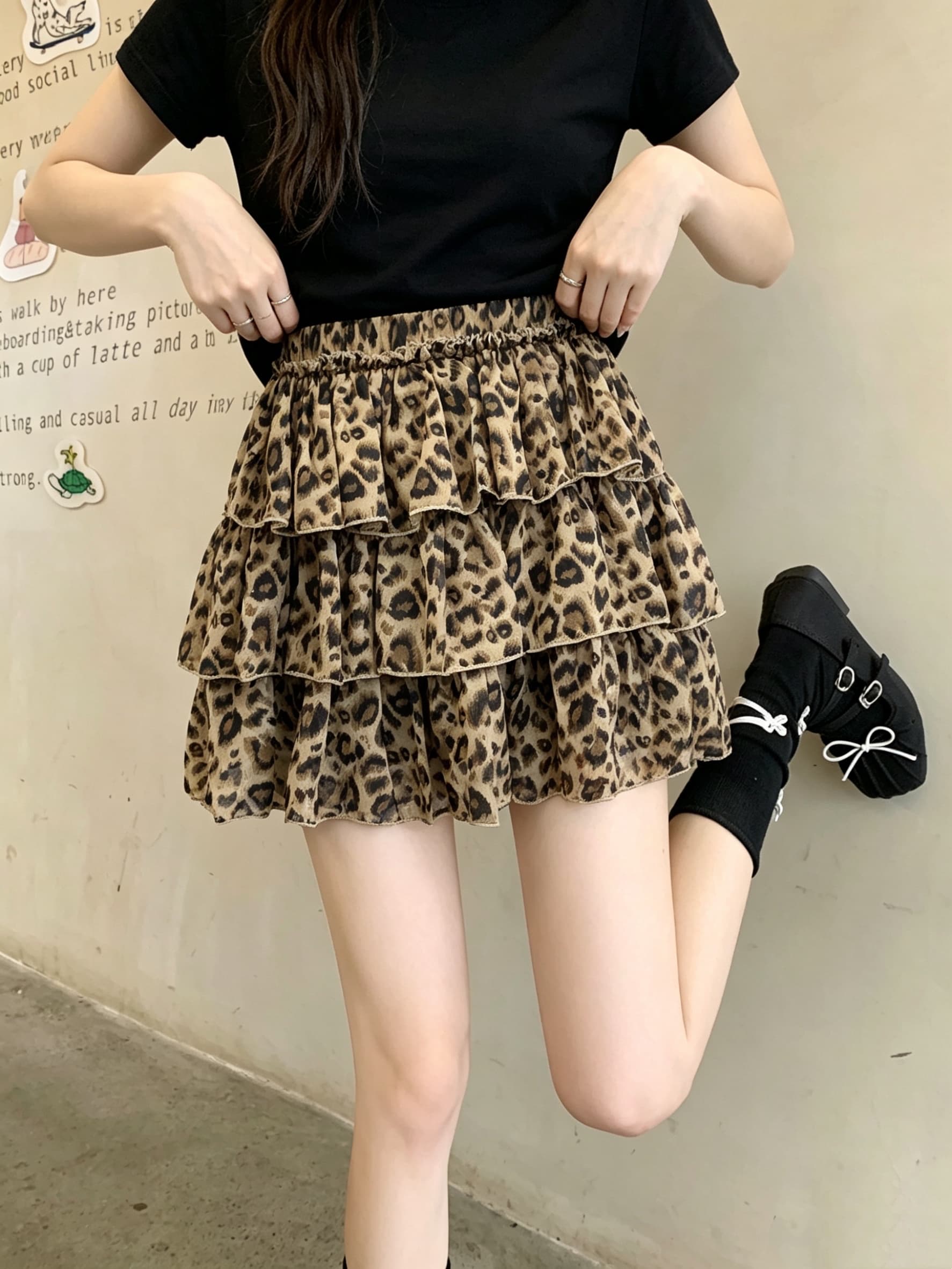 실사 레오파드 무늬 퍼프 프릴 케이크 미니 스커트 여성 여름 연령 감소 다용도 반신 스커트 상세 이미지 3