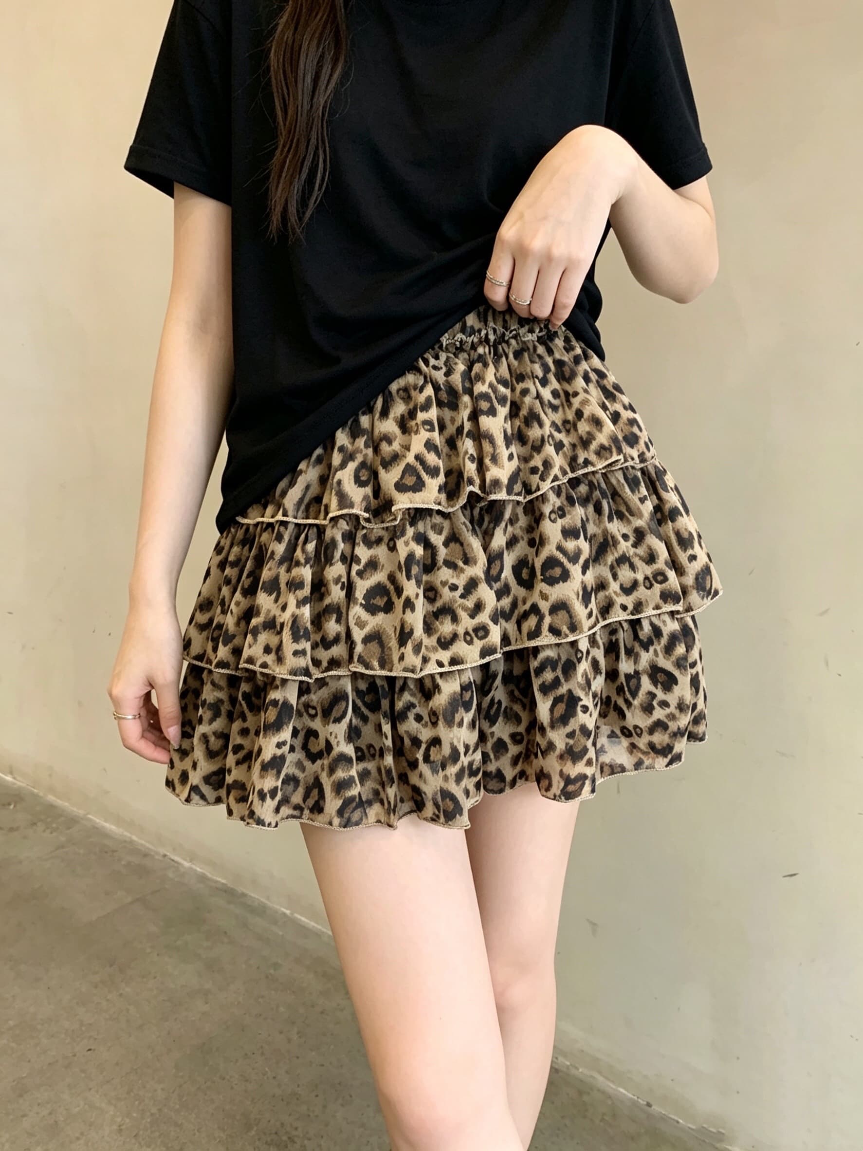 실사 레오파드 무늬 퍼프 프릴 케이크 미니 스커트 여성 여름 연령 감소 다용도 반신 스커트 상세 이미지 4