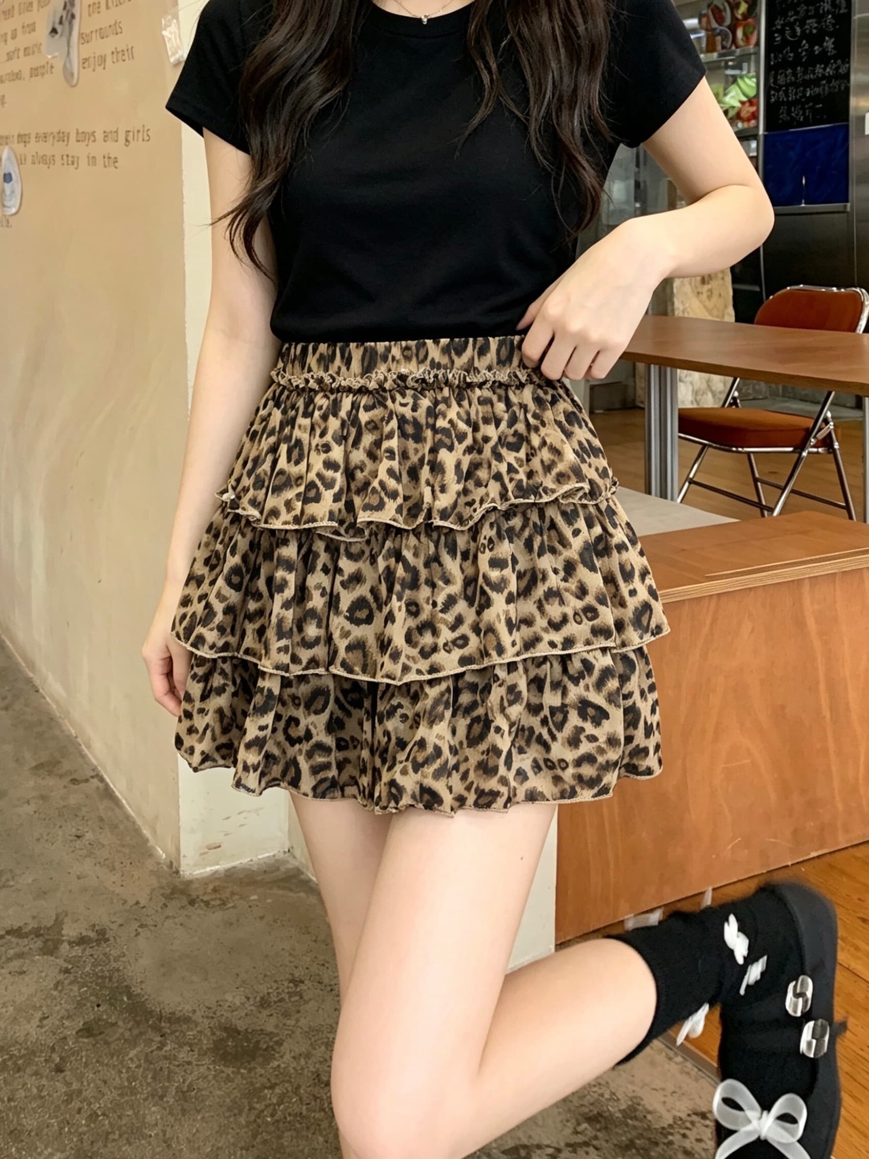 실사 레오파드 무늬 퍼프 프릴 케이크 미니 스커트 여성 여름 연령 감소 다용도 반신 스커트 상세 이미지 5