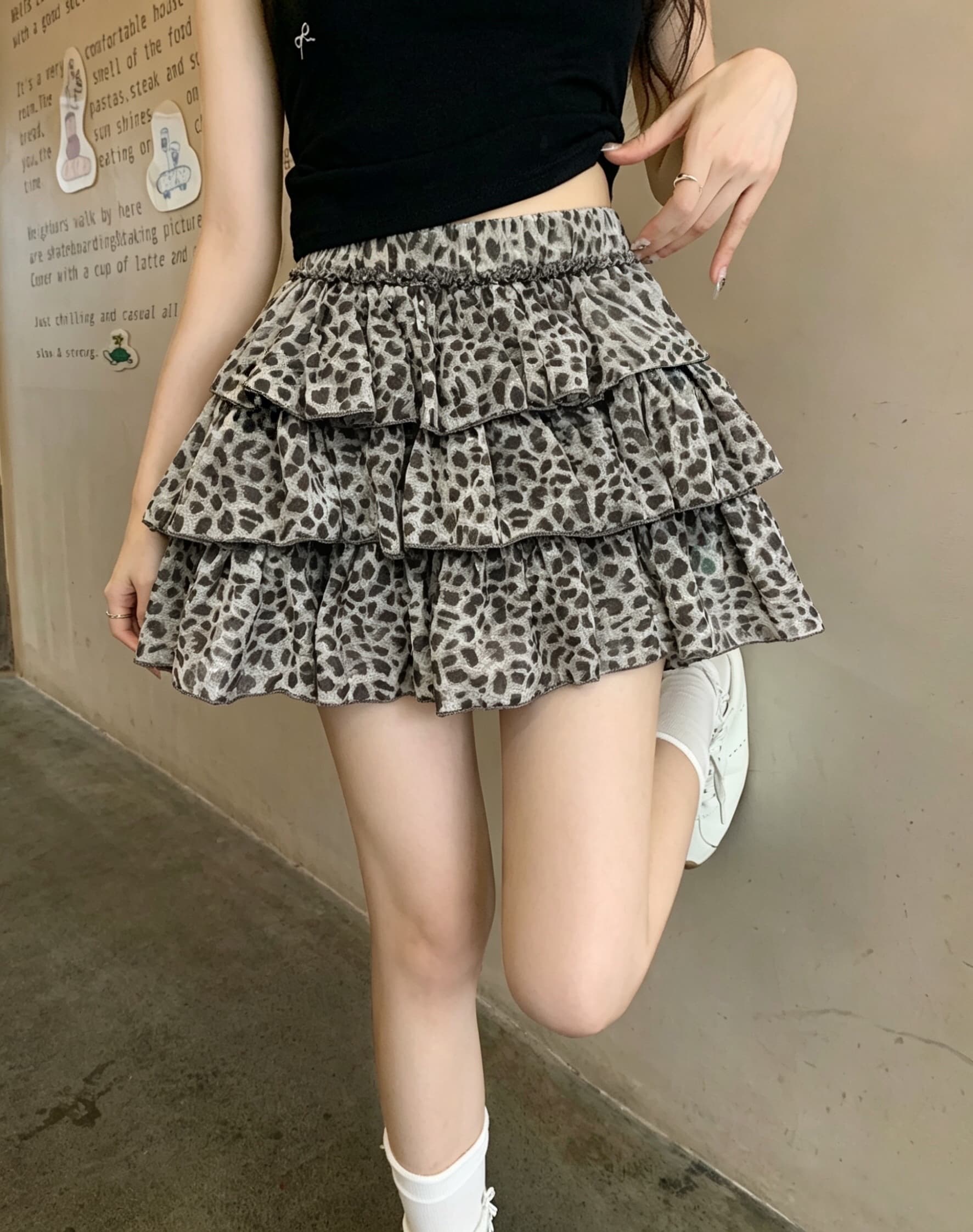 실사 레오파드 무늬 퍼프 프릴 케이크 미니 스커트 여성 여름 연령 감소 다용도 반신 스커트 상세 이미지 7