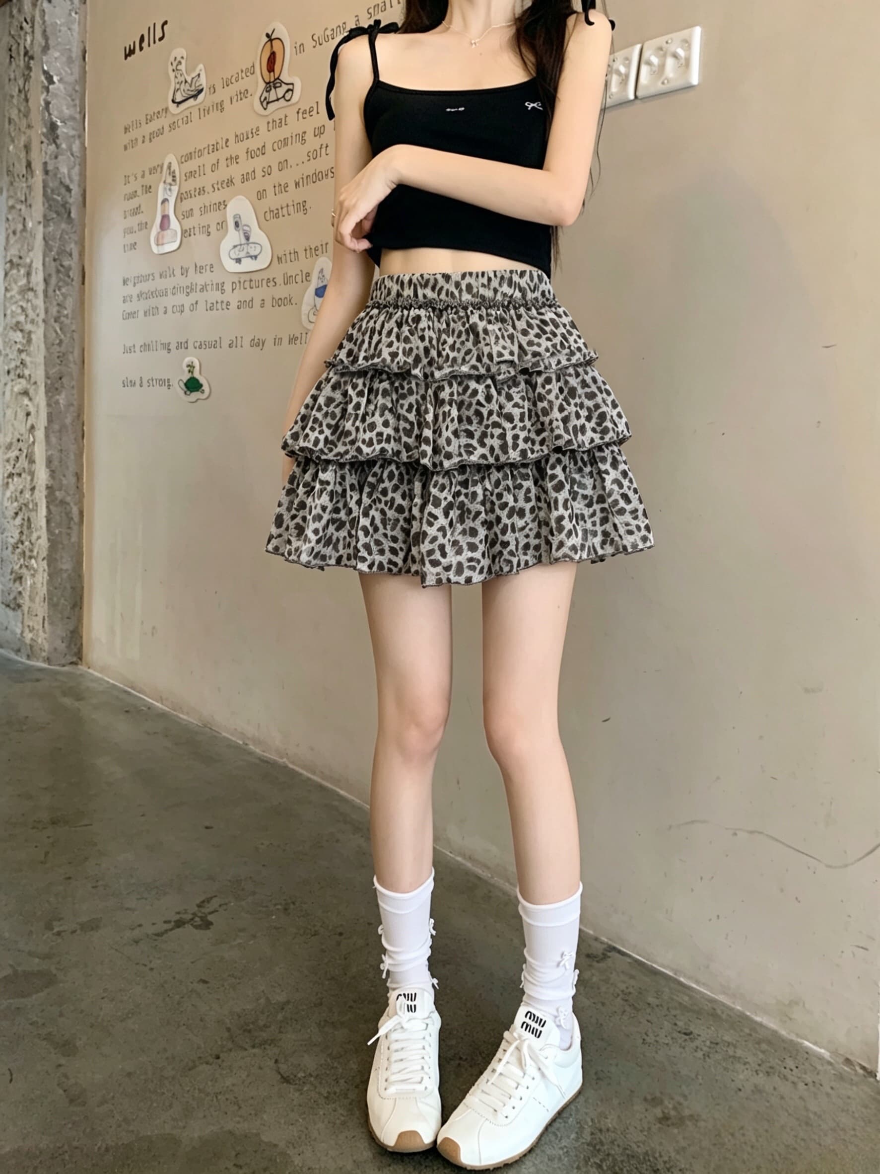 실사 레오파드 무늬 퍼프 프릴 케이크 미니 스커트 여성 여름 연령 감소 다용도 반신 스커트 상세 이미지 8