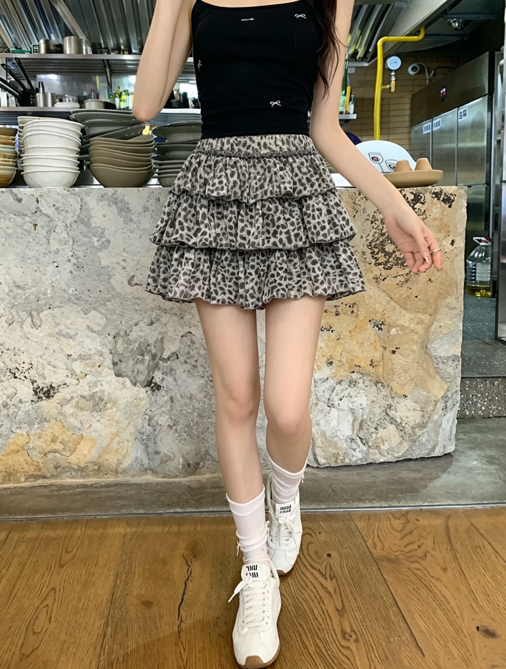 실사 레오파드 무늬 퍼프 프릴 케이크 미니 스커트 여성 여름 연령 감소 다용도 반신 스커트 상세 이미지 9