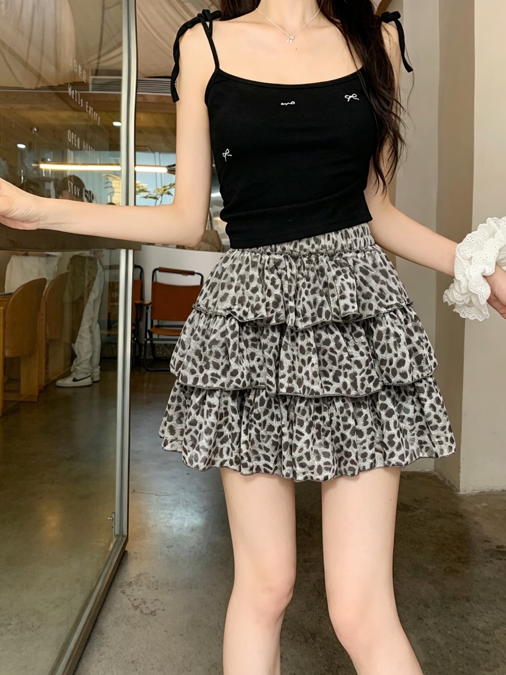 실사 레오파드 무늬 퍼프 프릴 케이크 미니 스커트 여성 여름 연령 감소 다용도 반신 스커트 상세 이미지 10