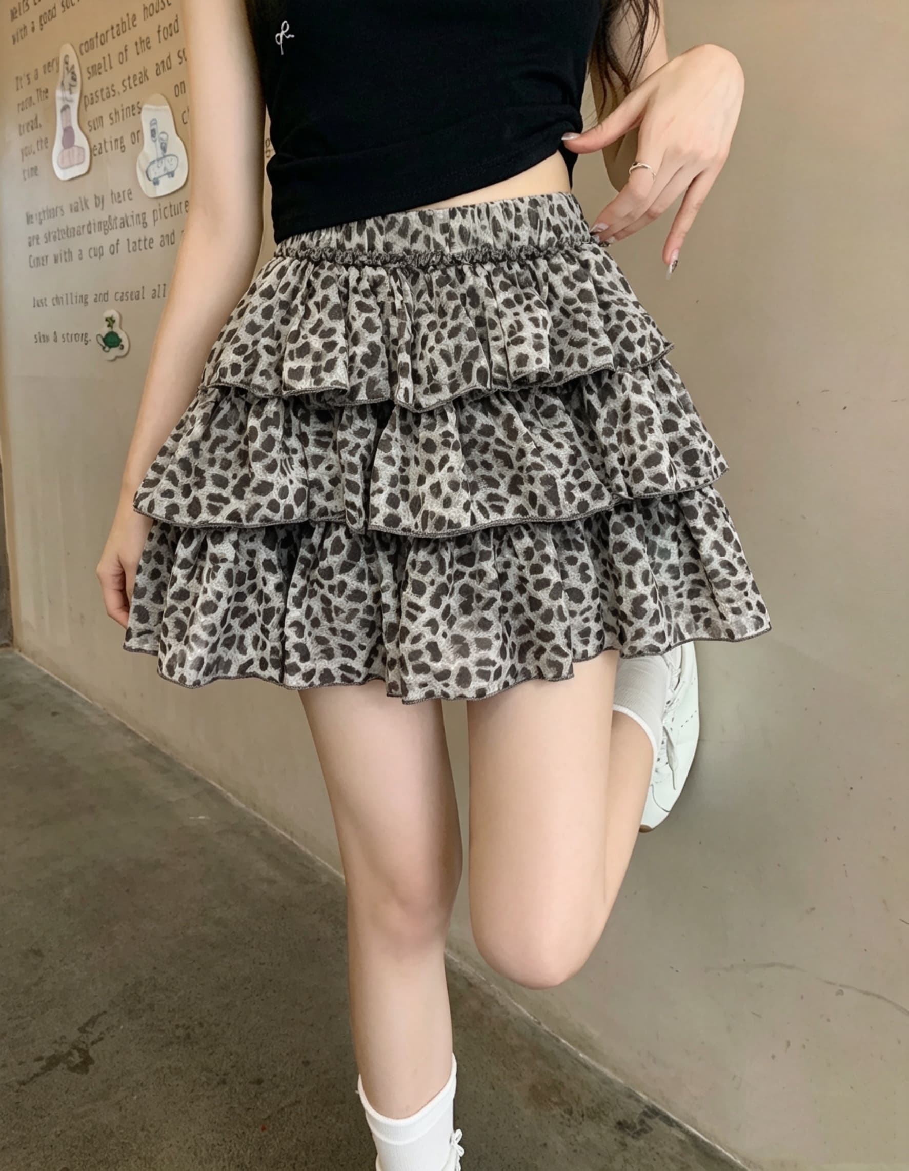 실사 레오파드 무늬 퍼프 프릴 케이크 미니 스커트 여성 여름 연령 감소 다용도 반신 스커트 상세 이미지 11
