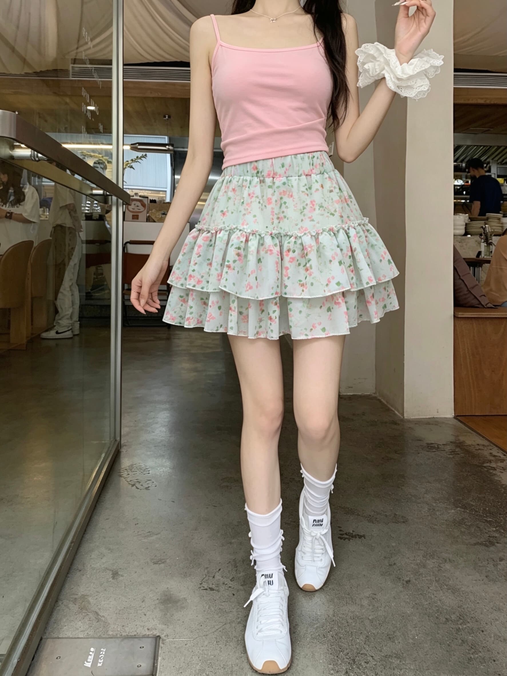 실사 여름 꽃무늬 녹색 퍼프 프릴 케이크 미니 스커트 여성 허리밴드 다용도 반신 스커트 이미지 4