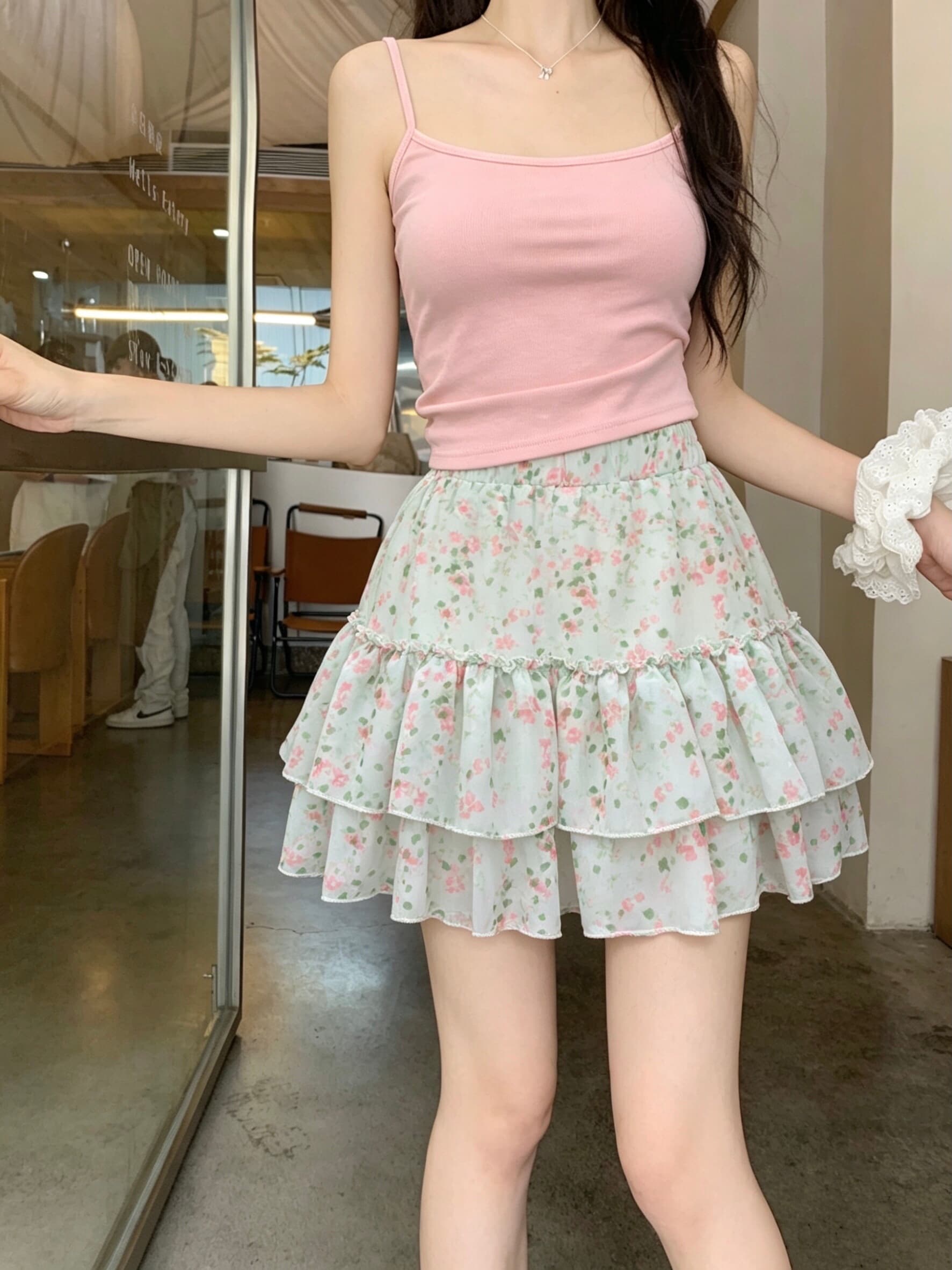 실사 여름 꽃무늬 녹색 퍼프 프릴 케이크 미니 스커트 여성 허리밴드 다용도 반신 스커트 상세 이미지 3