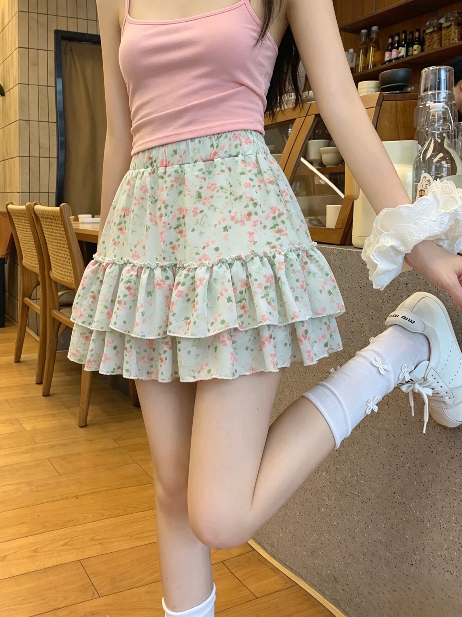 실사 여름 꽃무늬 녹색 퍼프 프릴 케이크 미니 스커트 여성 허리밴드 다용도 반신 스커트 상세 이미지 5