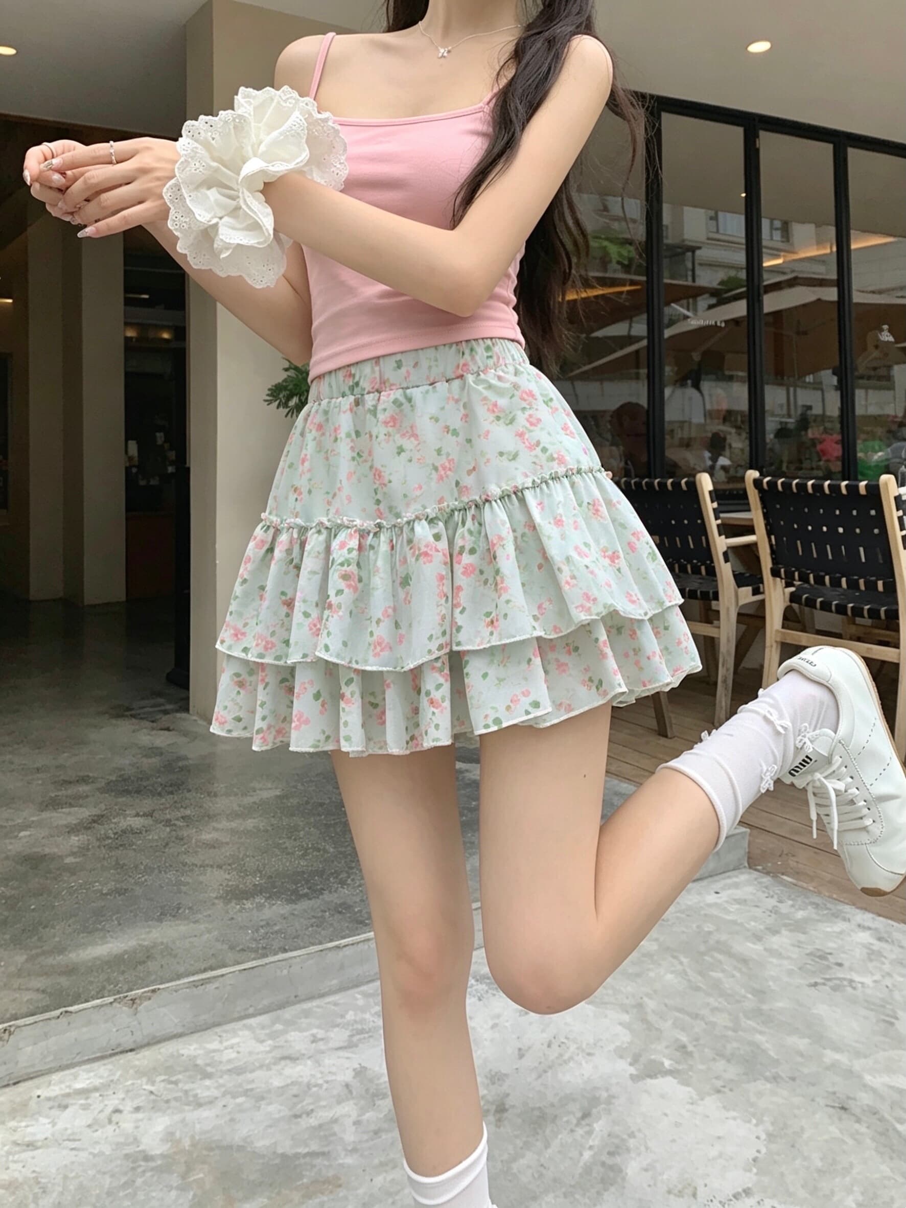 실사 여름 꽃무늬 녹색 퍼프 프릴 케이크 미니 스커트 여성 허리밴드 다용도 반신 스커트 상세 이미지 6