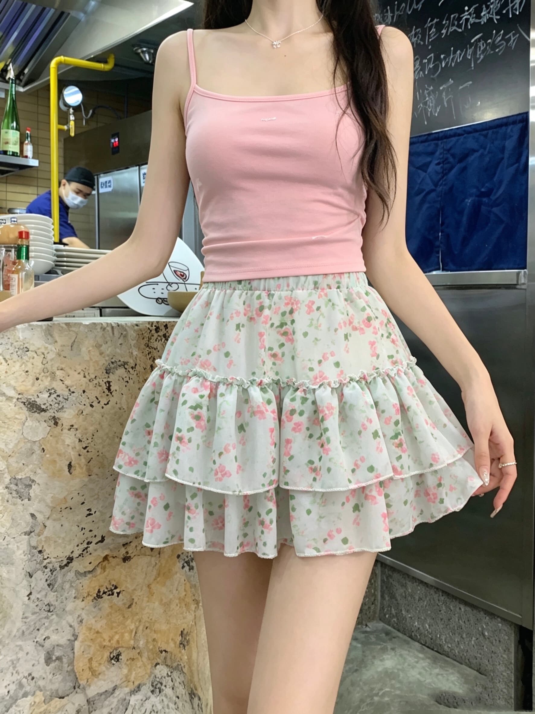 실사 여름 꽃무늬 녹색 퍼프 프릴 케이크 미니 스커트 여성 허리밴드 다용도 반신 스커트 상세 이미지 7