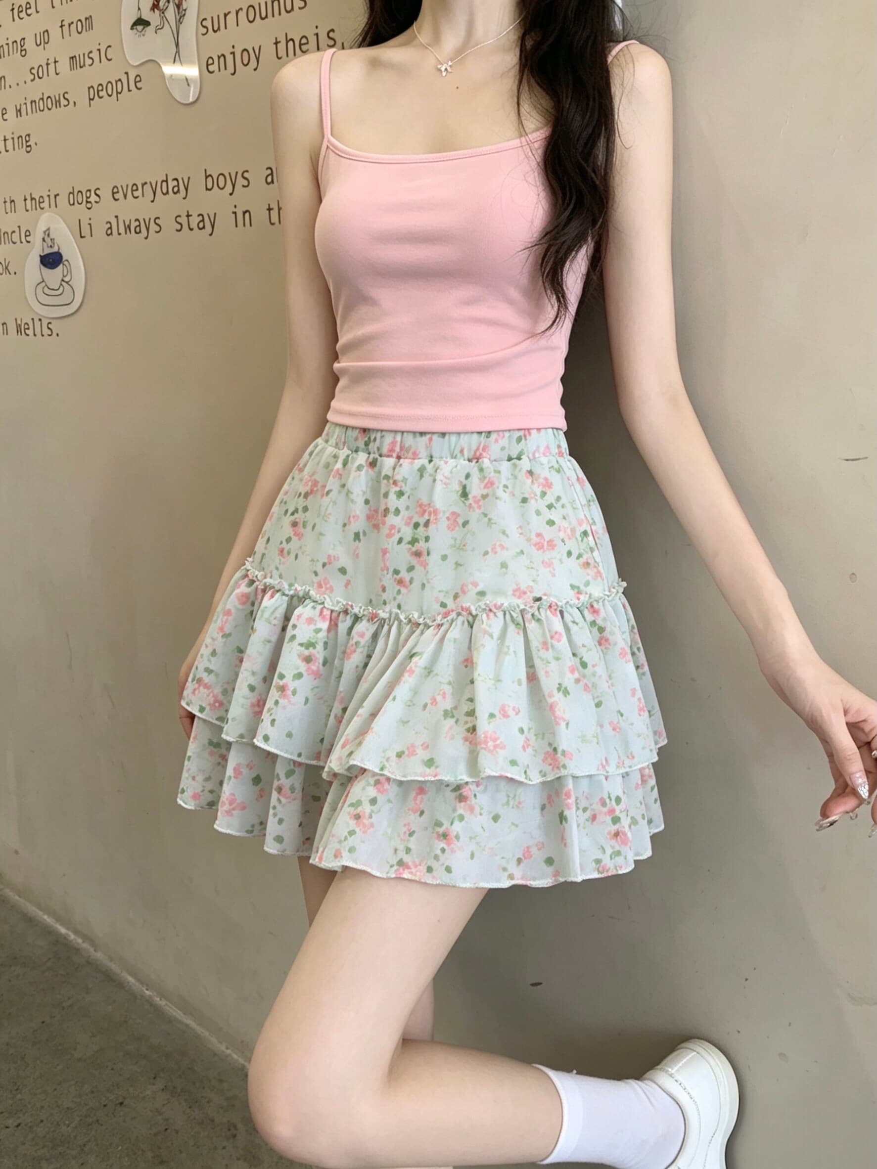 실사 여름 꽃무늬 녹색 퍼프 프릴 케이크 미니 스커트 여성 허리밴드 다용도 반신 스커트 상세 이미지 8