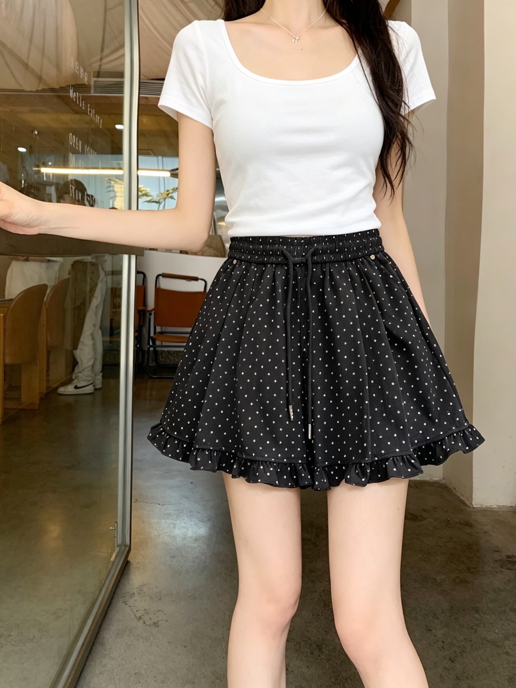 실사 여름 캐주얼 루즈핏 반바지 도트 무늬 프릴 하이웨이스트 다용도 슬림해 보이는 편안함 와이드 레그 팬츠 이미지 3