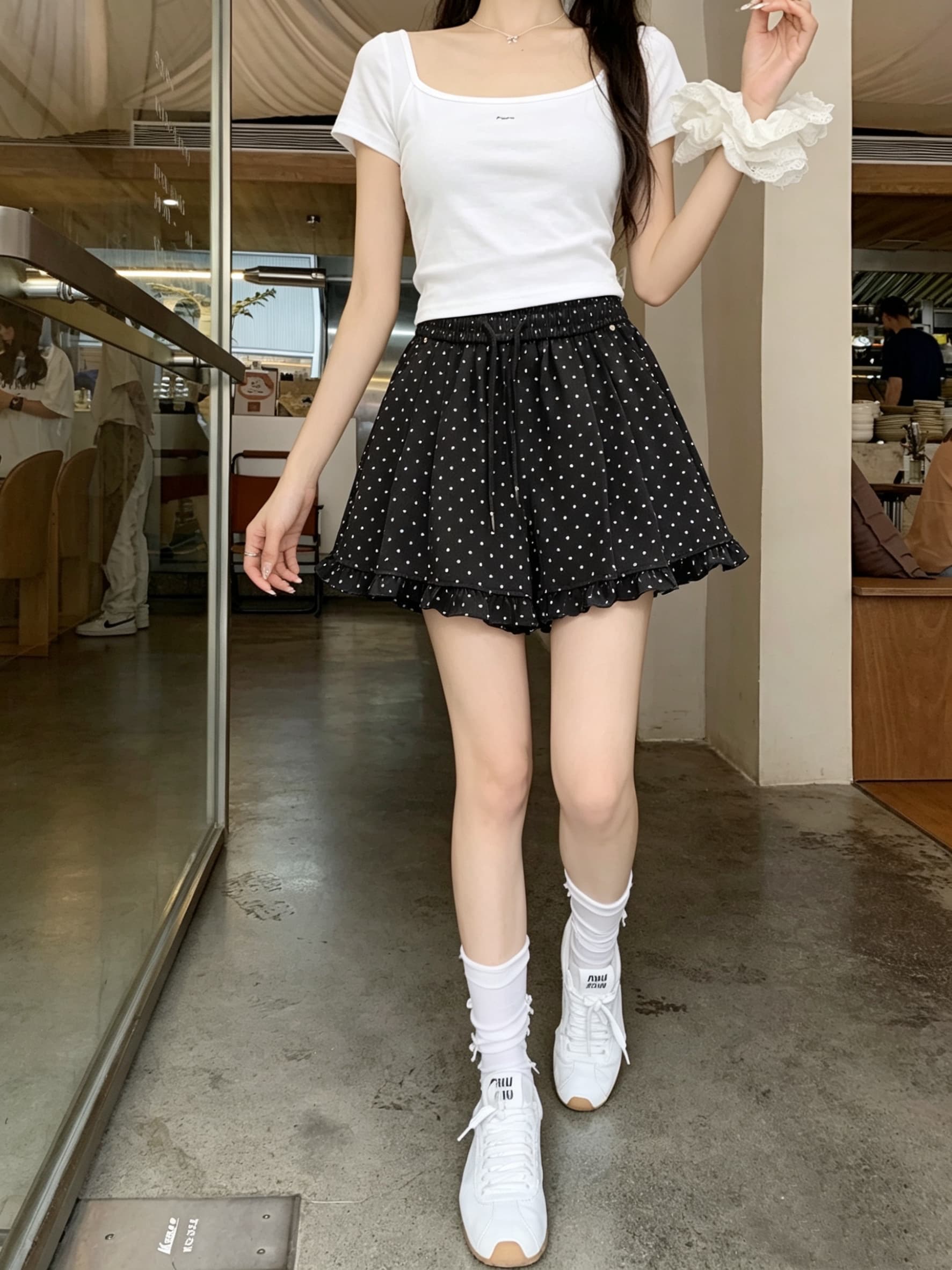 실사 여름 캐주얼 루즈핏 반바지 도트 무늬 프릴 하이웨이스트 다용도 슬림해 보이는 편안함 와이드 레그 팬츠 이미지 2