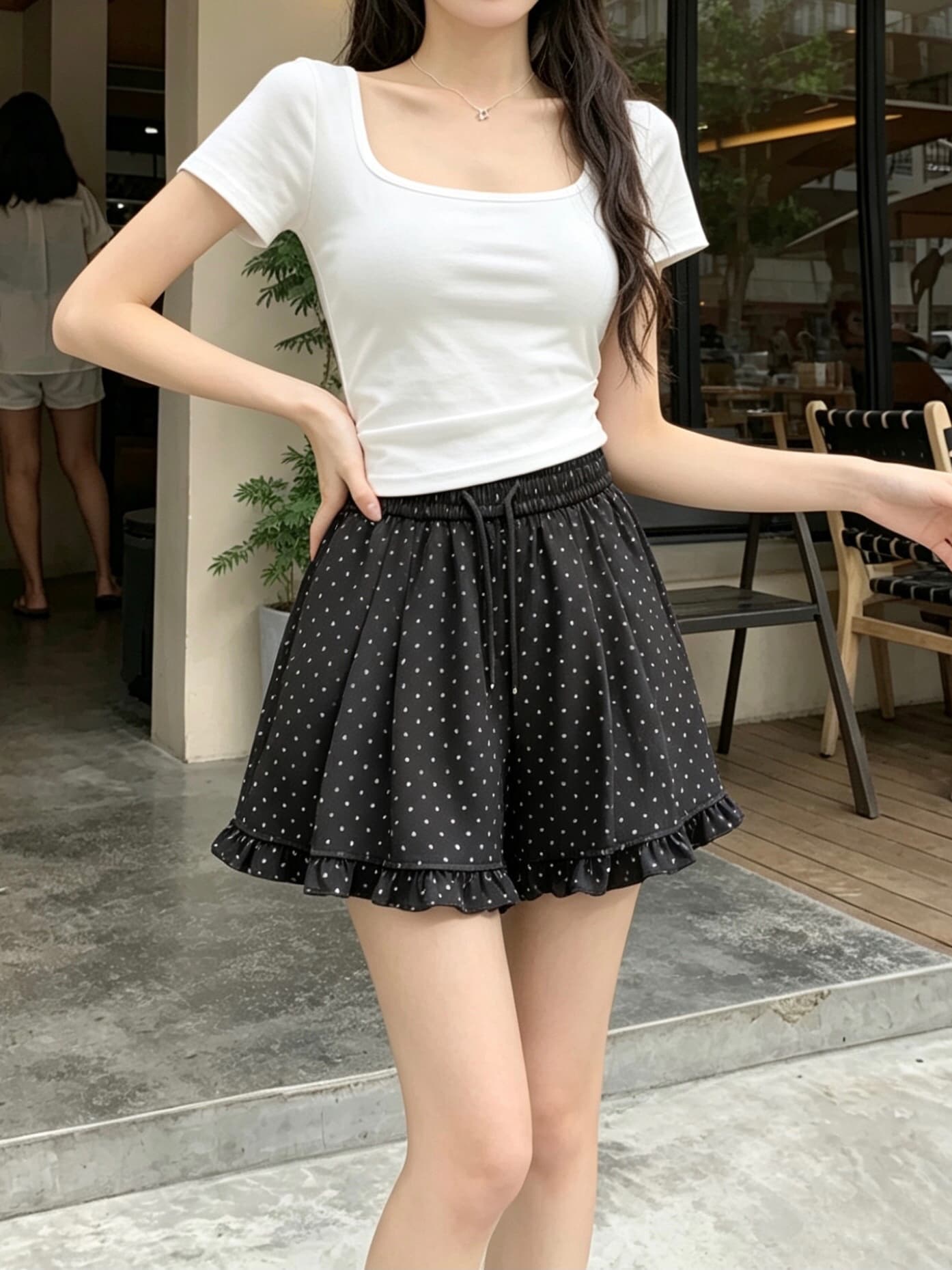 실사 여름 캐주얼 루즈핏 반바지 도트 무늬 프릴 하이웨이스트 다용도 슬림해 보이는 편안함 와이드 레그 팬츠 상세 이미지 4