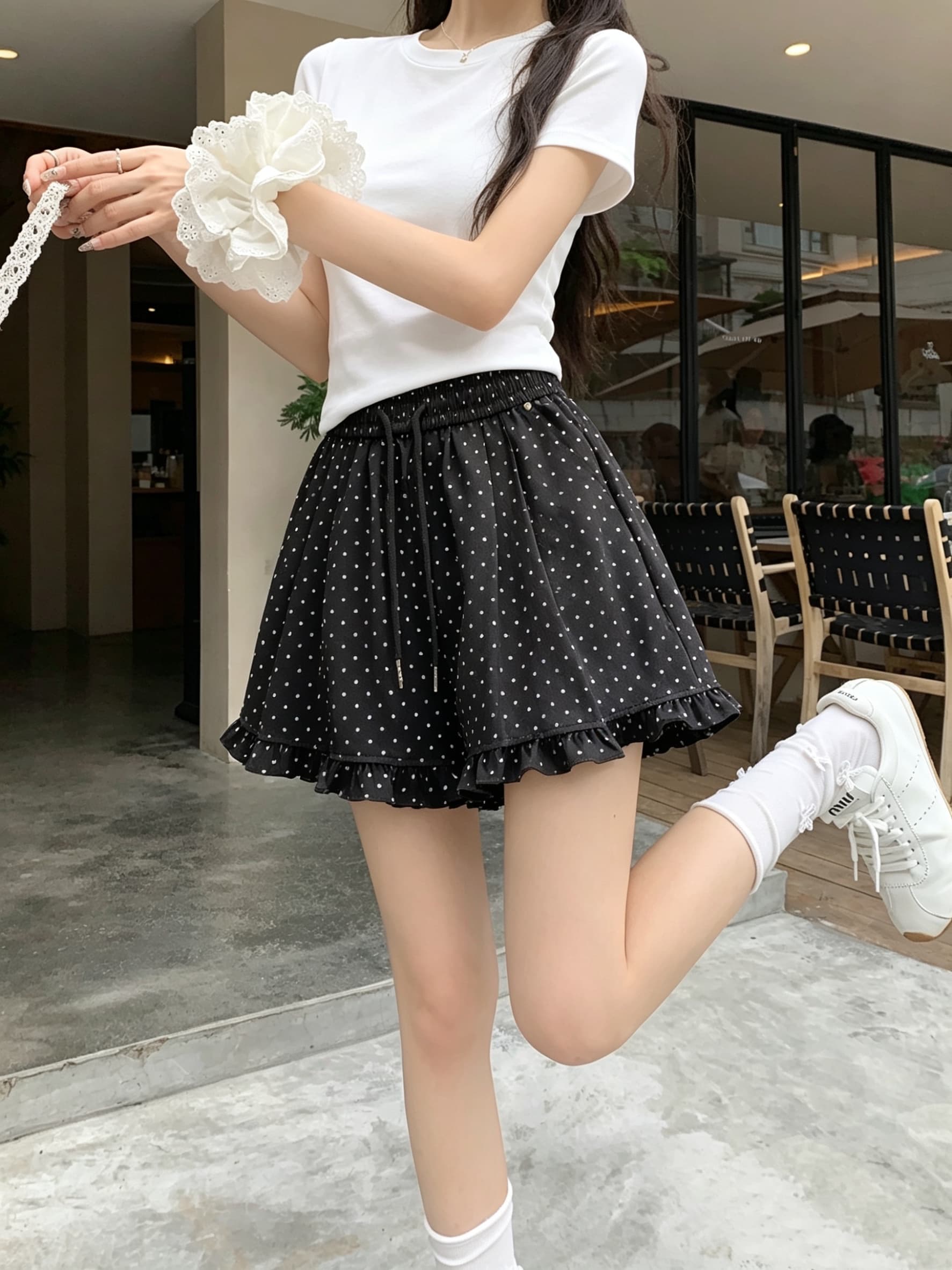 실사 여름 캐주얼 루즈핏 반바지 도트 무늬 프릴 하이웨이스트 다용도 슬림해 보이는 편안함 와이드 레그 팬츠 상세 이미지 6