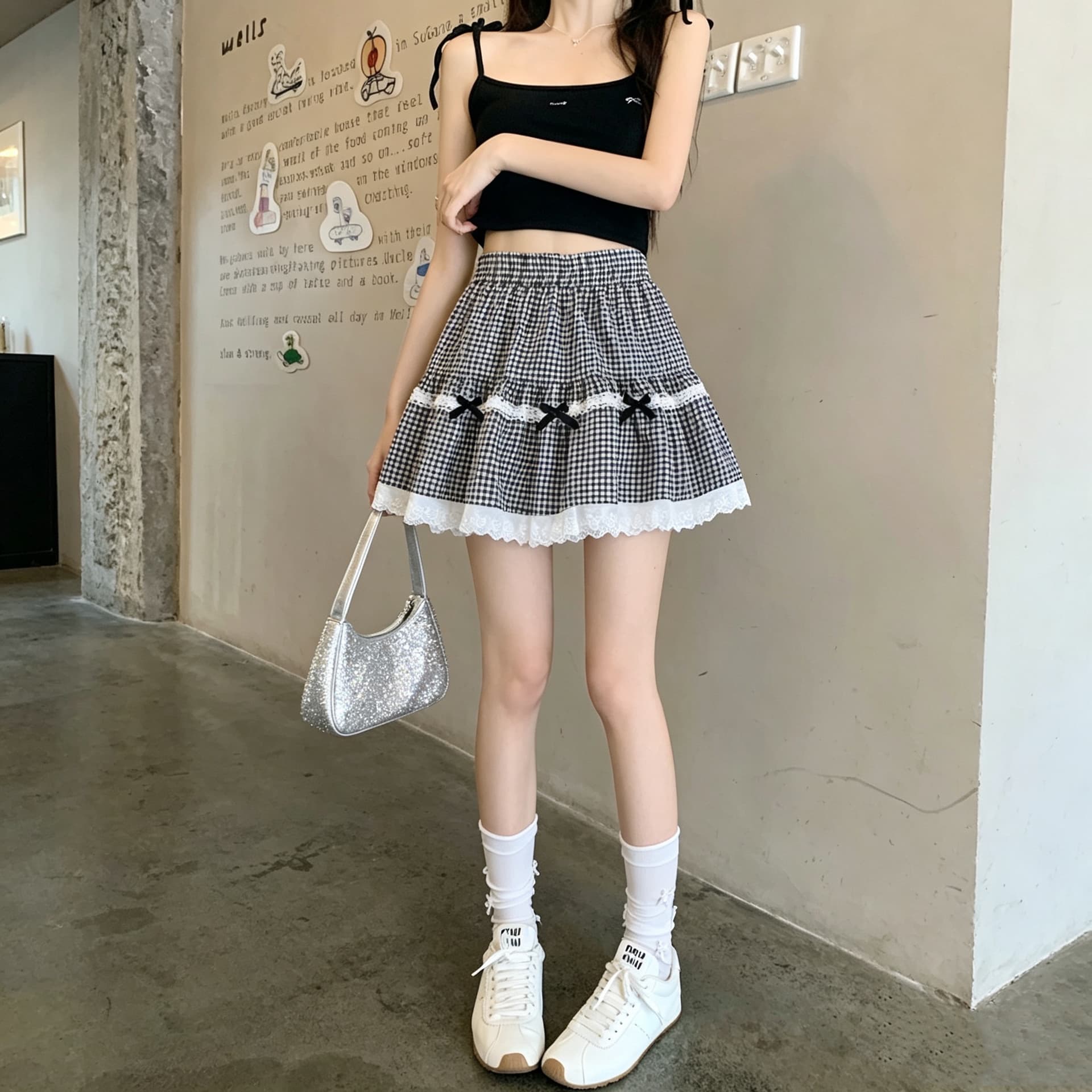 실사 여름 체크무늬 패치워크 레이스 나비 매듭 다용도 슬림해 보이는 요정 쇼트 스타일 반신 스커트 이미지 2