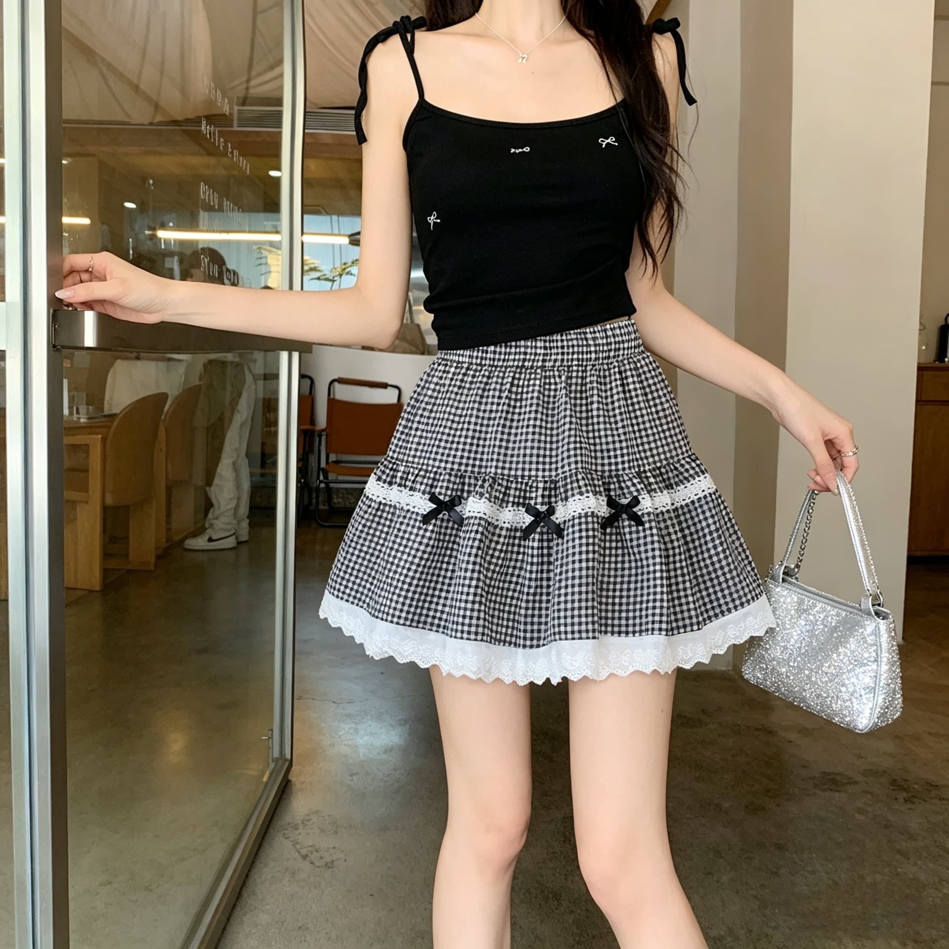 실사 여름 체크무늬 패치워크 레이스 나비 매듭 다용도 슬림해 보이는 요정 쇼트 스타일 반신 스커트 이미지 5