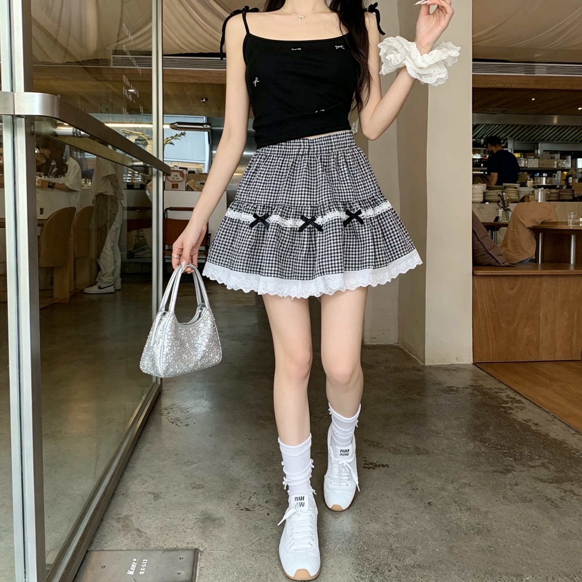 실사 여름 체크무늬 패치워크 레이스 나비 매듭 다용도 슬림해 보이는 요정 쇼트 스타일 반신 스커트 상세 이미지 1