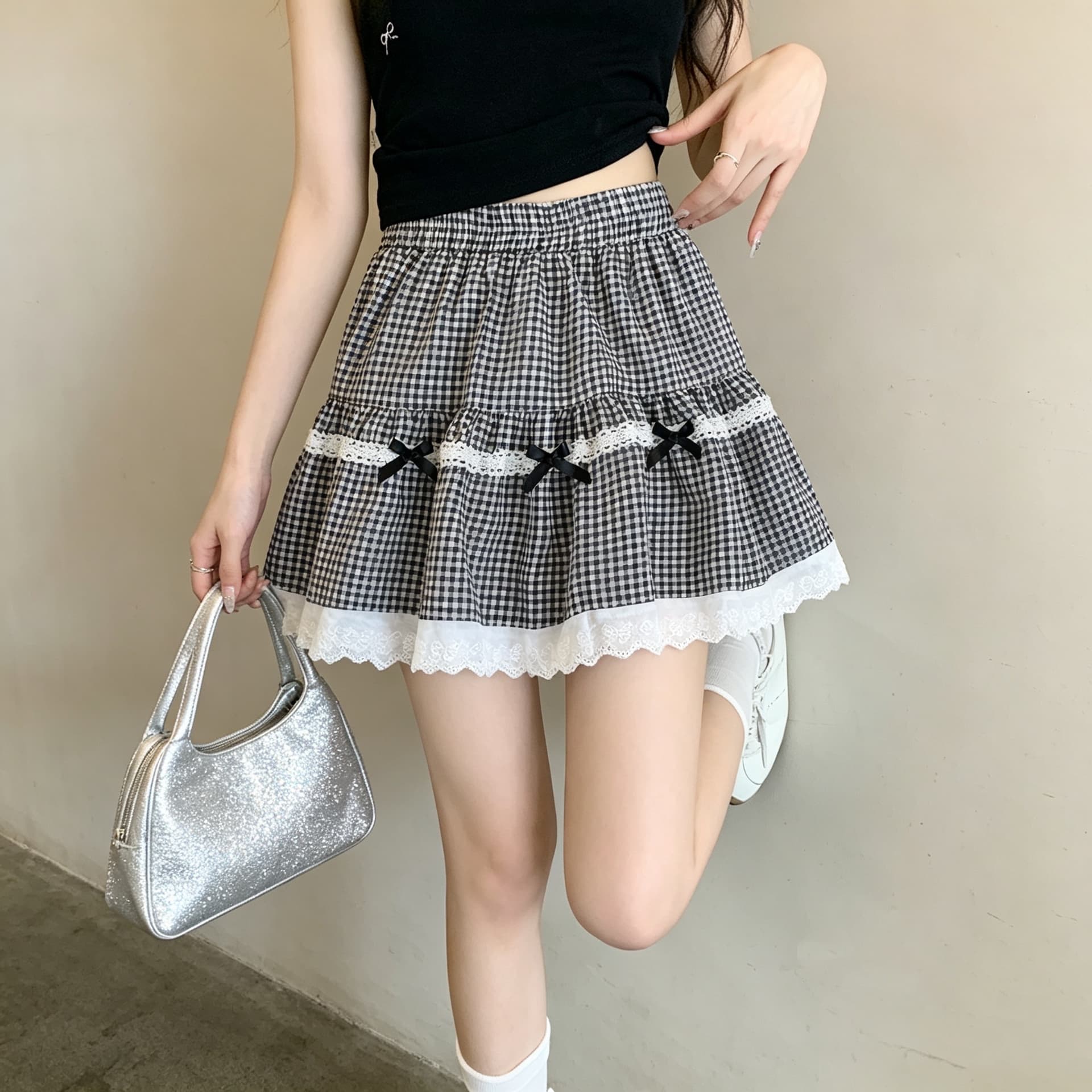 실사 여름 체크무늬 패치워크 레이스 나비 매듭 다용도 슬림해 보이는 요정 쇼트 스타일 반신 스커트 상세 이미지 7