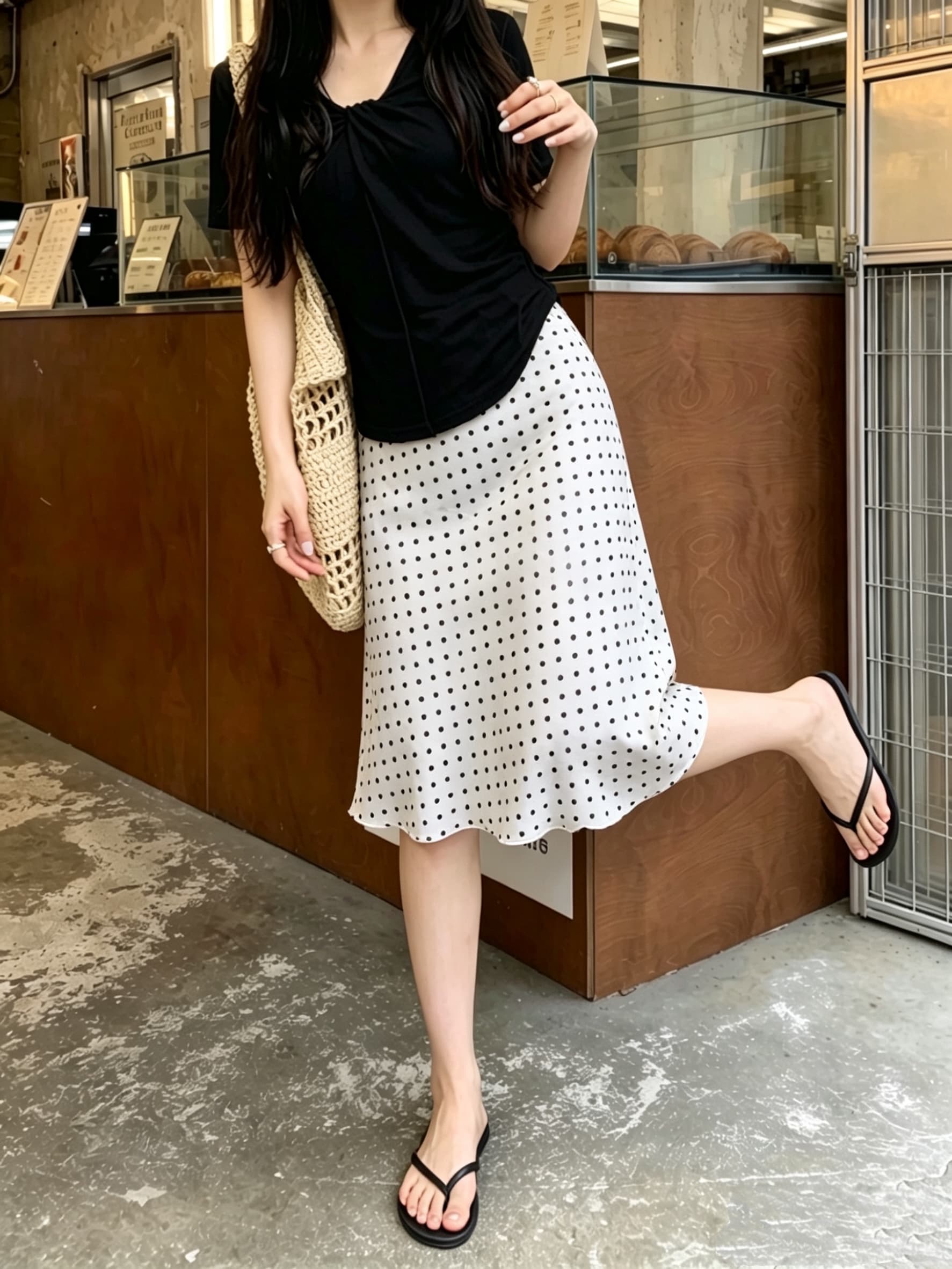 실사 도트 무늬 쉬폰 한 마디 반신 스커트 여자 중간 롱 코트 레이스 측면 치마 스트레이트 슬림해 보이는 중간 스커트 상세 이미지 3