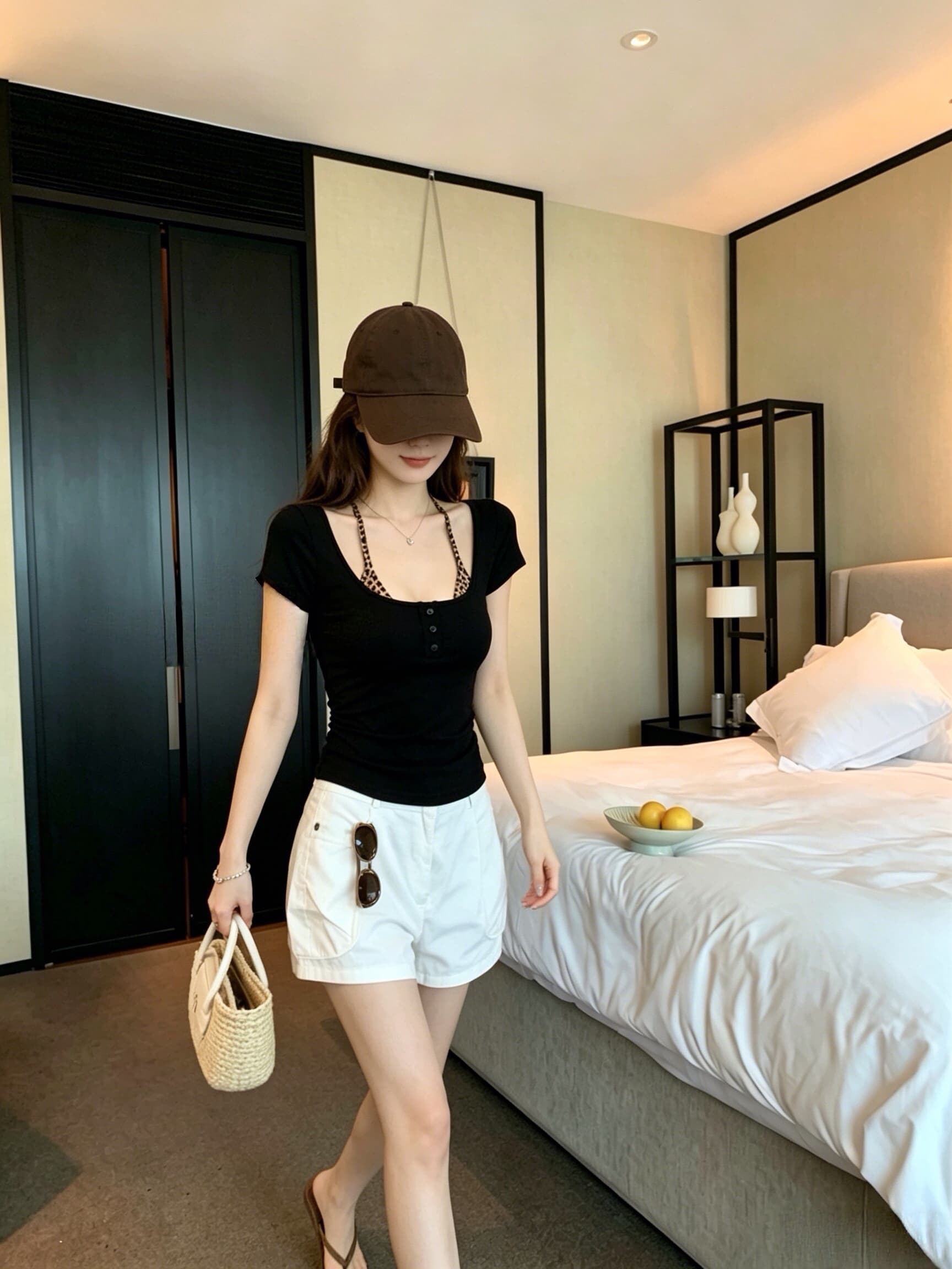 실사 검정색 타이트 순수한 욕망 바람 페이크 레이어드 단추 패치워크 반팔 티셔츠 여성 슬림해 보이는 고정 벨트 가슴 패드