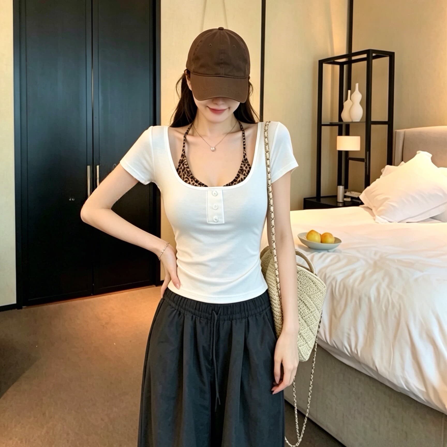 실사 여름 순수한 욕망 바람 페이크 레이어드 단추 패치워크 반팔 티셔츠 여성 몸매 가꾸기 슬림해 보이는 고정 벨트 가슴 패드 이미지 5