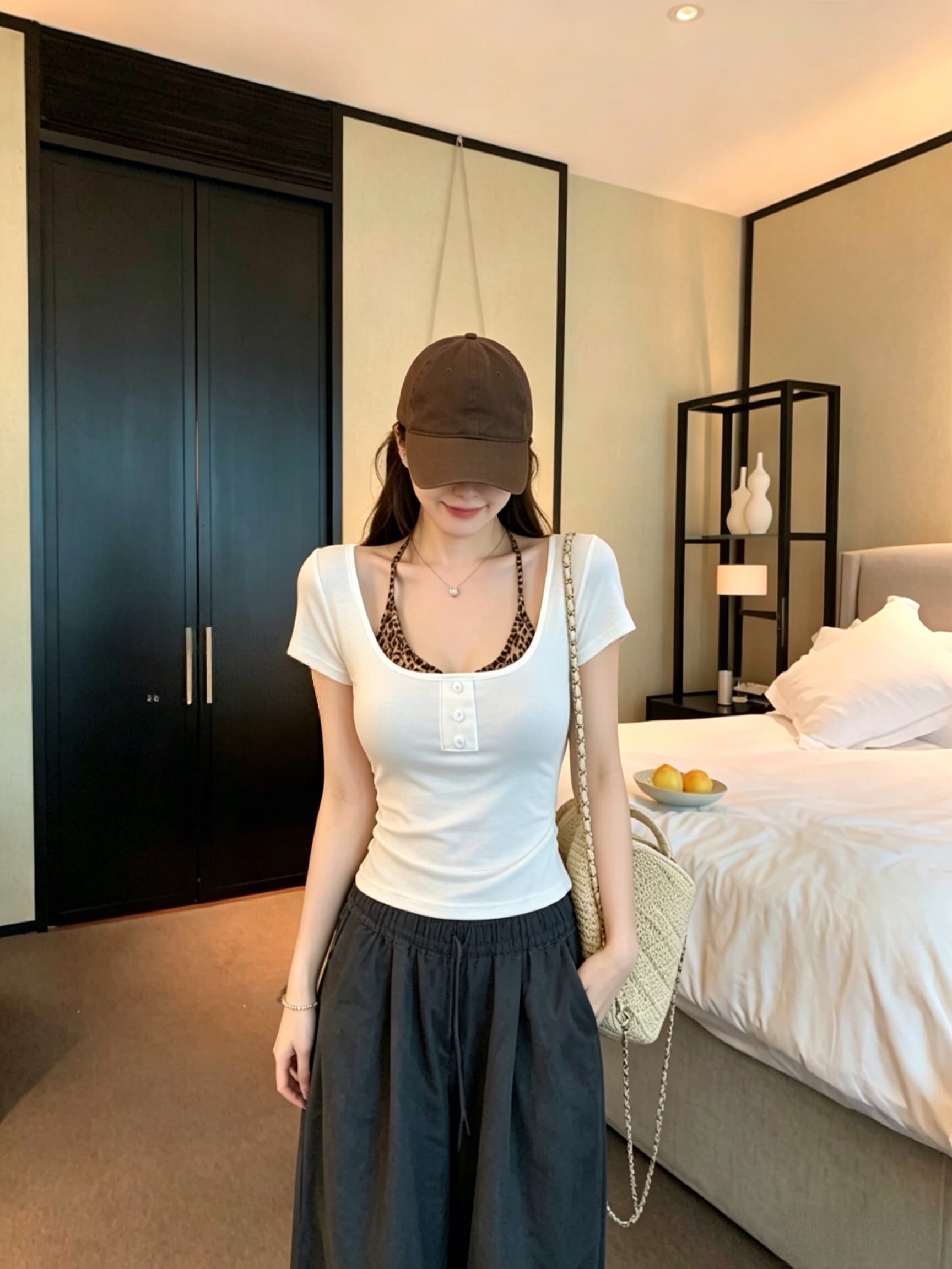 실사 여름 순수한 욕망 바람 페이크 레이어드 단추 패치워크 반팔 티셔츠 여성 몸매 가꾸기 슬림해 보이는 고정 벨트 가슴 패드 상세 이미지 2
