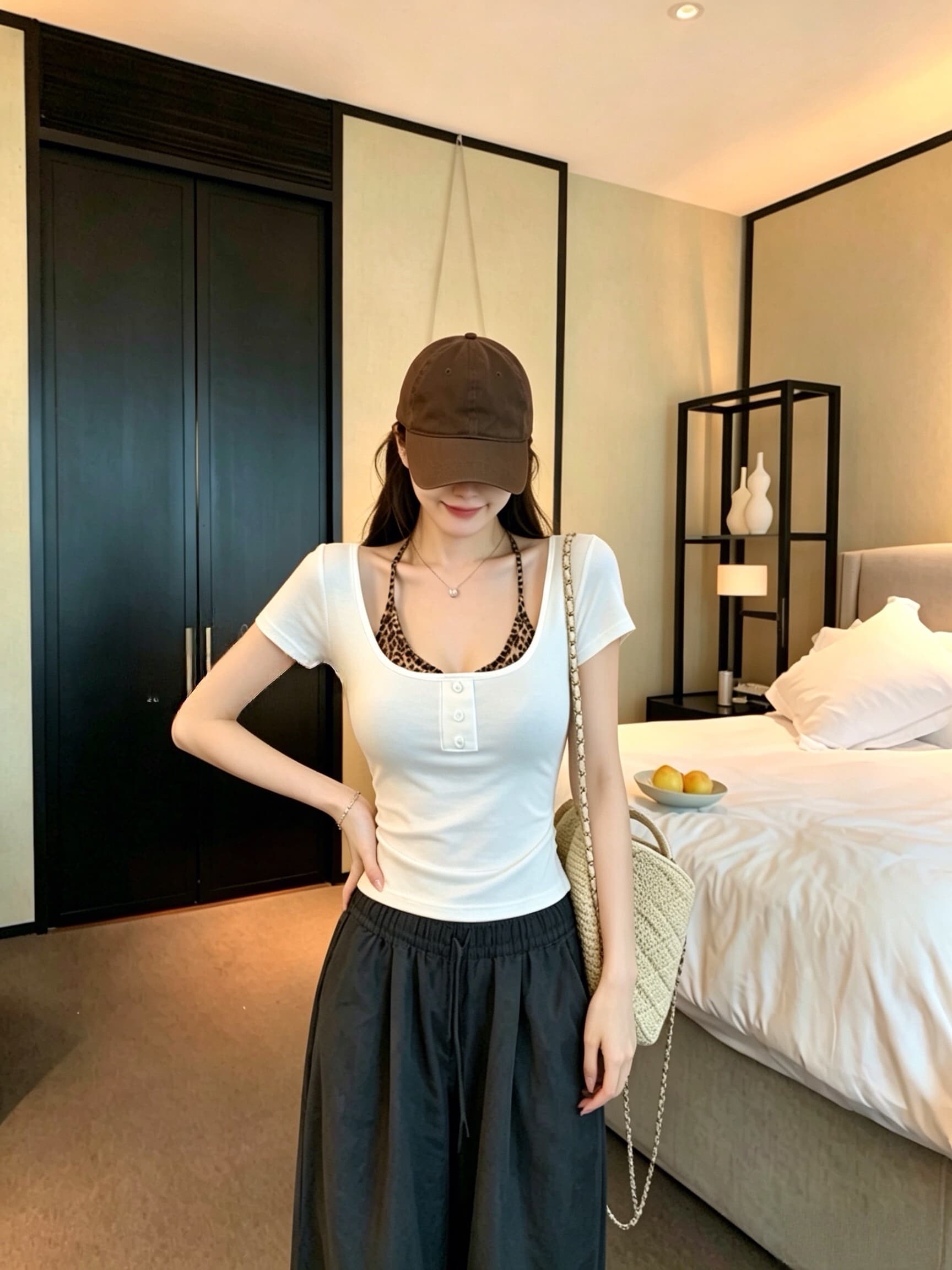 실사 여름 순수한 욕망 바람 페이크 레이어드 단추 패치워크 반팔 티셔츠 여성 몸매 가꾸기 슬림해 보이는 고정 벨트 가슴 패드 상세 이미지 3