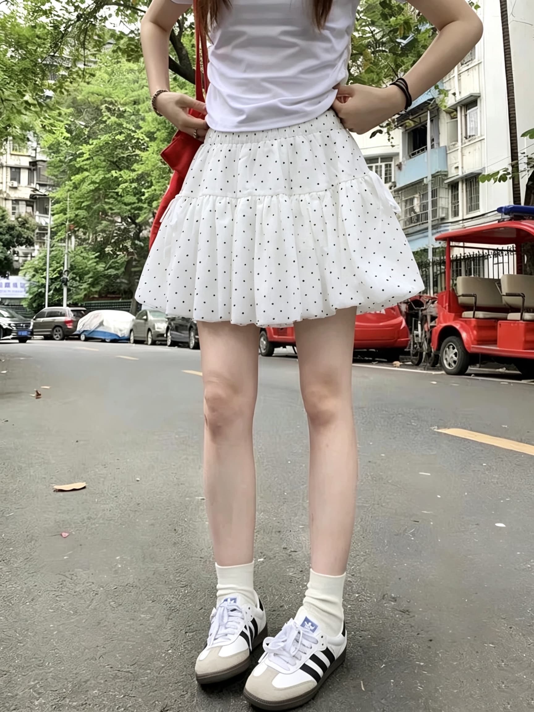 실사 달콤함 도트 무늬 나비 매듭 반신 스커트 여성 의류 여름 하이웨이스트 노출 방지 꽃밭 치마 퍼프 스커트 상세 이미지 12