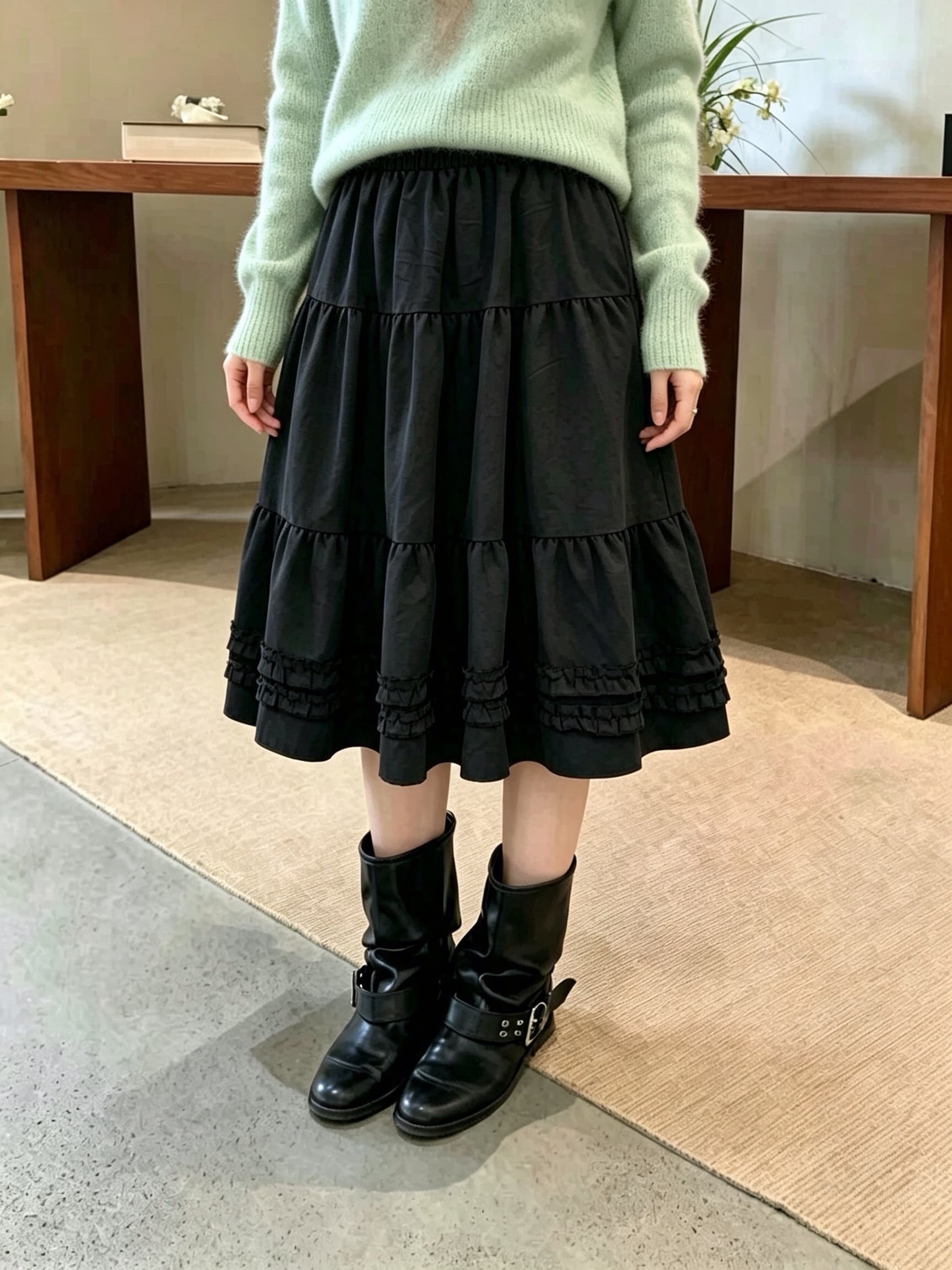 실사 한 부서 이른 가을 새로운 디자인 센스 프릴 케이크 드레스 반신 스커트