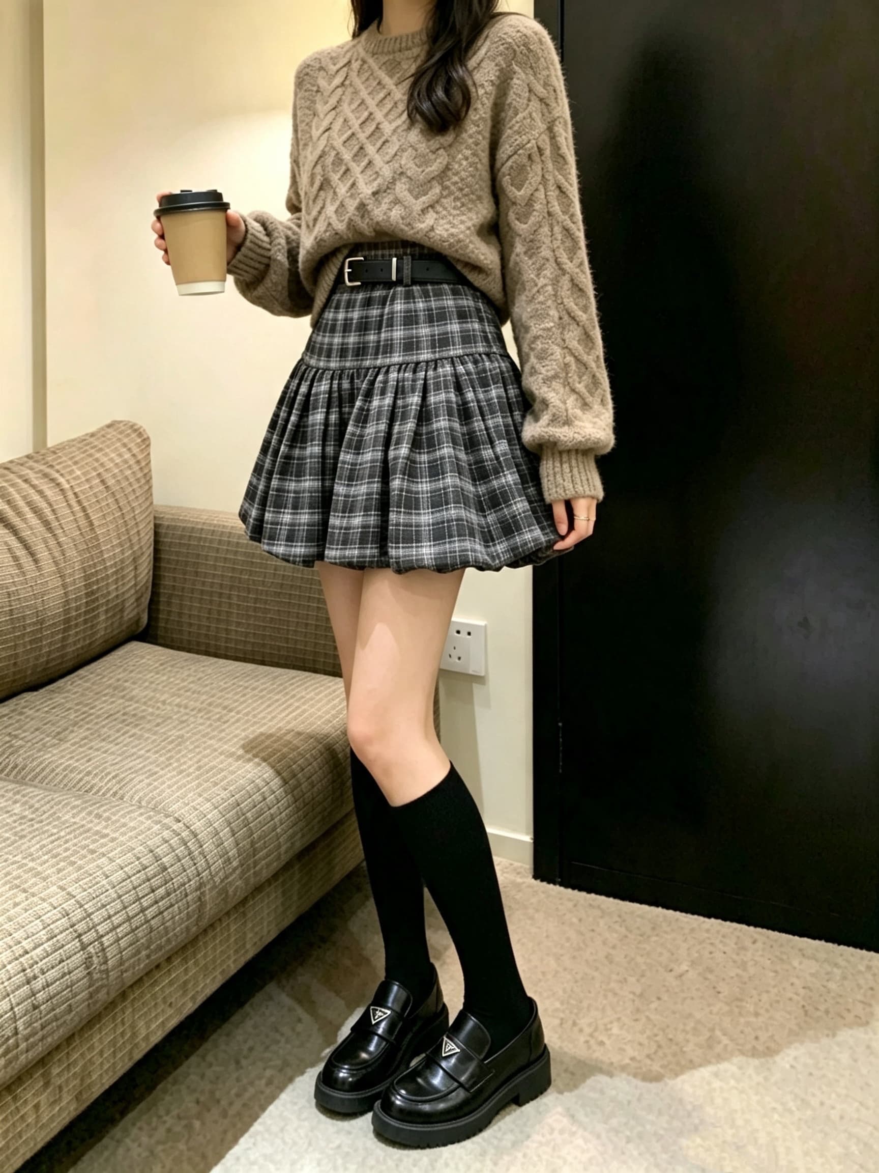 실사 체크무늬 꽃밭 여성 하이웨이스트 주름 퍼프 한 마디 인사이드 안전 바지 반신 스커트 벨트 포함 이미지 3