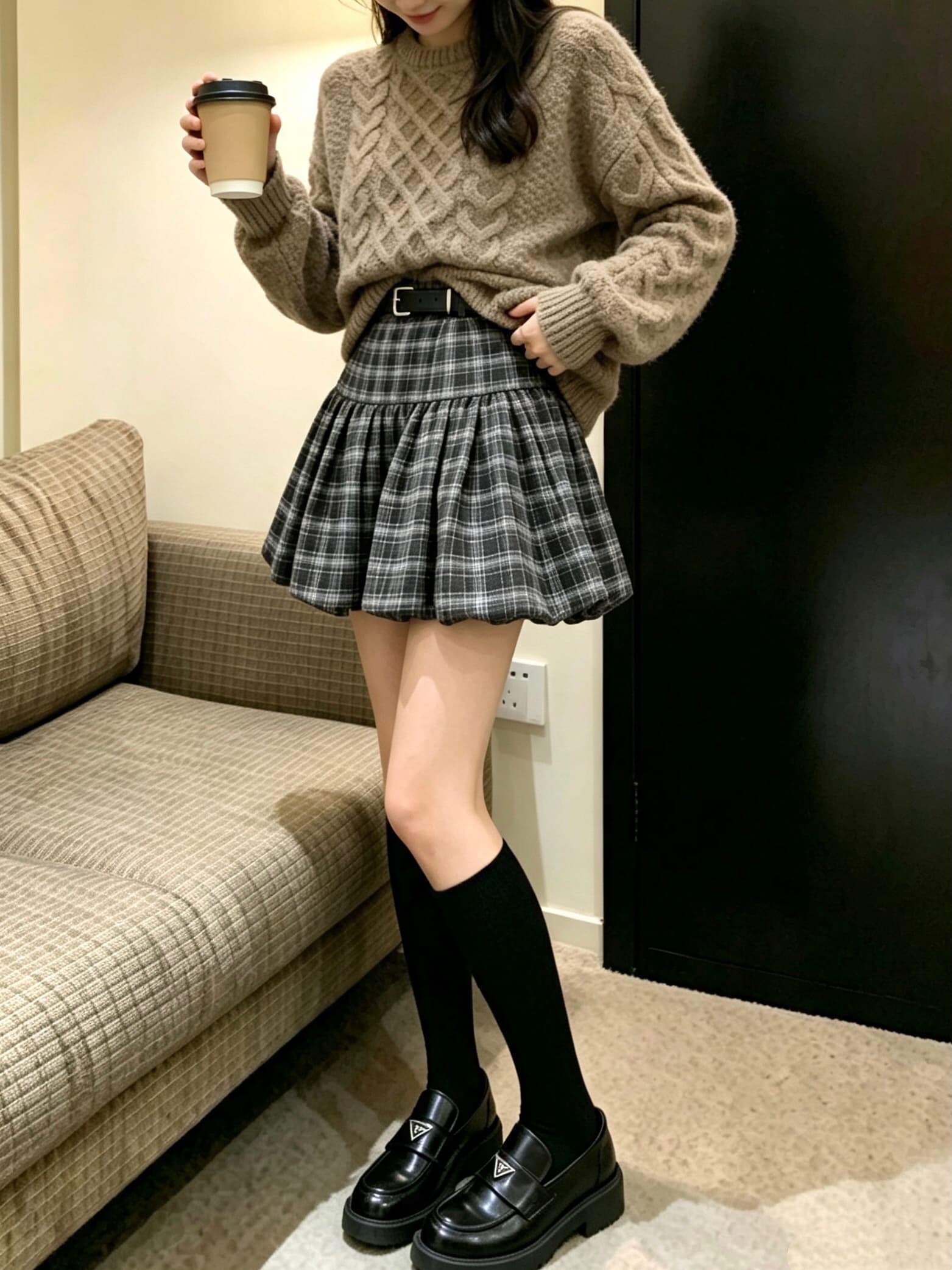 실사 체크무늬 꽃밭 여성 하이웨이스트 주름 퍼프 한 마디 인사이드 안전 바지 반신 스커트 벨트 포함 상세 이미지 3