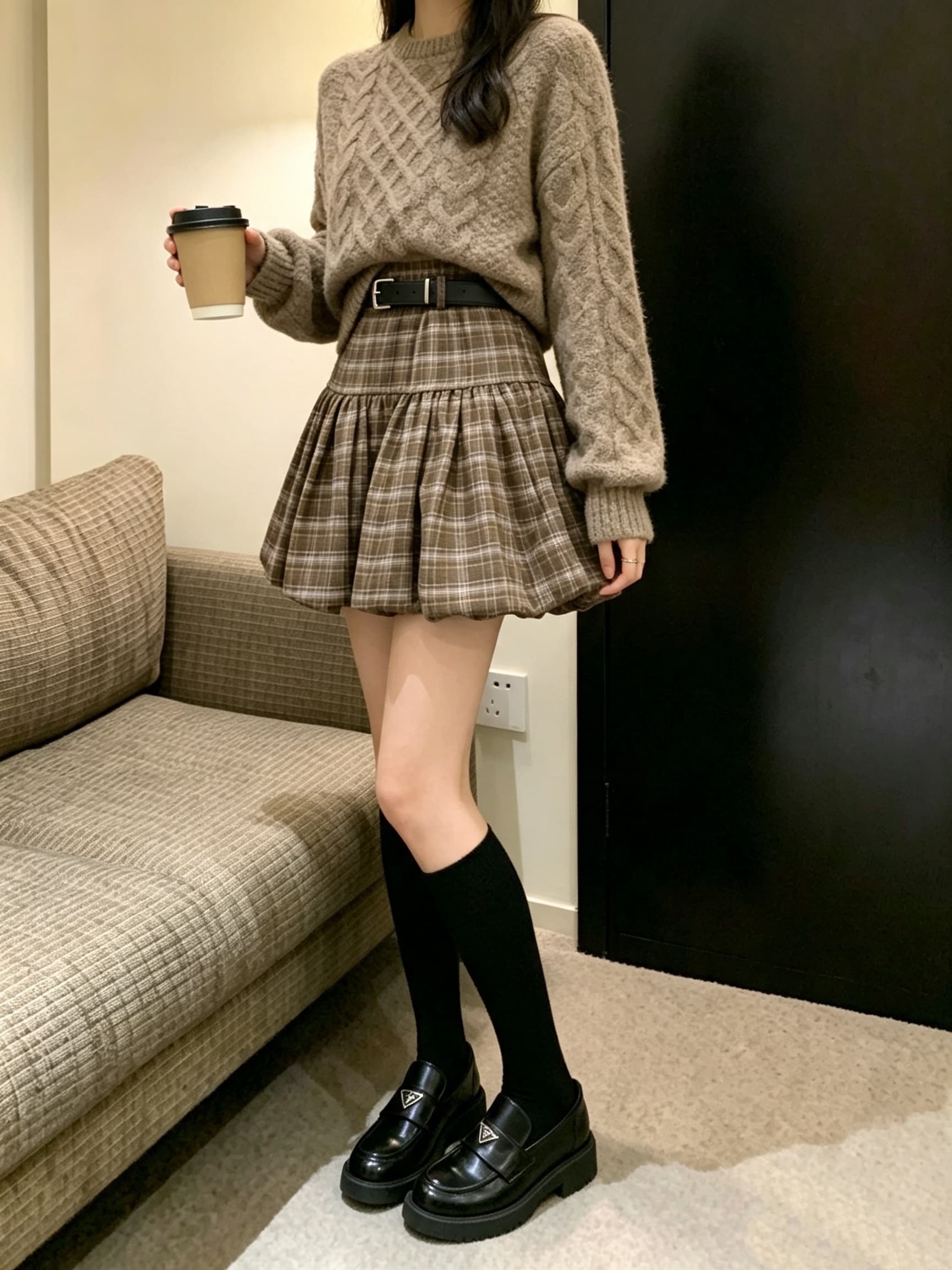 실사 체크무늬 꽃밭 여성 하이웨이스트 주름 퍼프 한 마디 인사이드 안전 바지 반신 스커트 벨트 포함 상세 이미지 7
