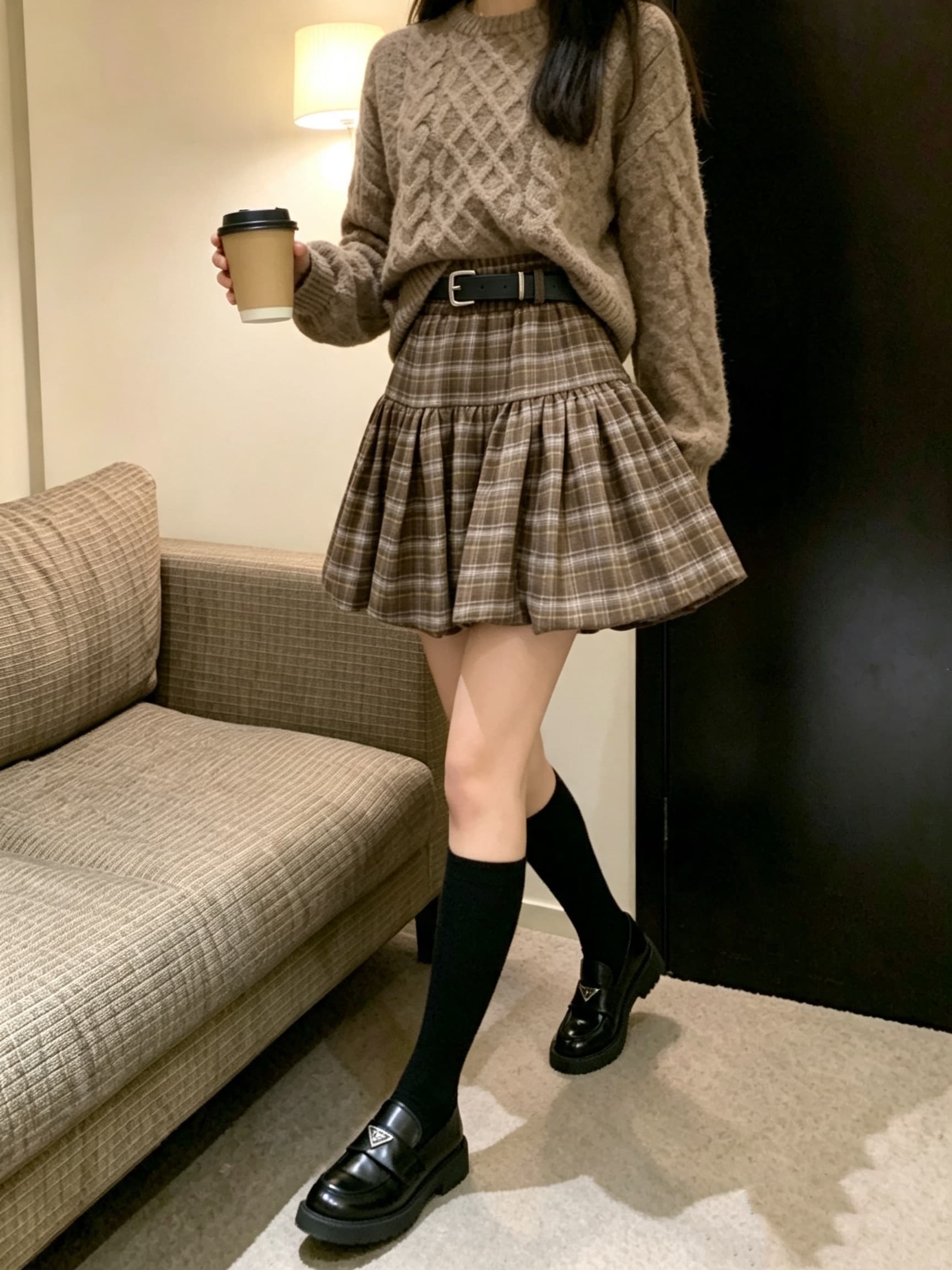 실사 체크무늬 꽃밭 여성 하이웨이스트 주름 퍼프 한 마디 인사이드 안전 바지 반신 스커트 벨트 포함 상세 이미지 8