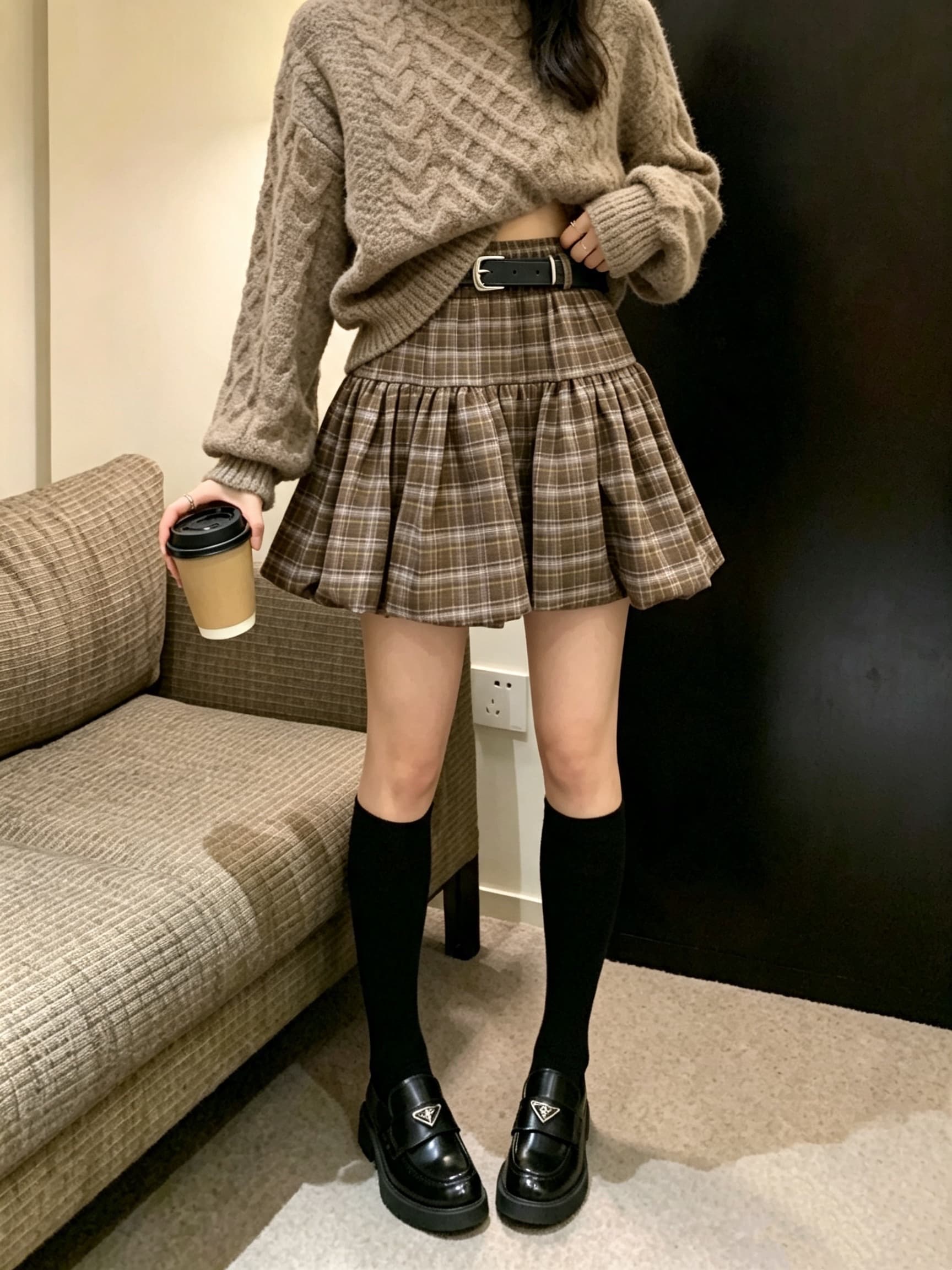 실사 체크무늬 꽃밭 여성 하이웨이스트 주름 퍼프 한 마디 인사이드 안전 바지 반신 스커트 벨트 포함 상세 이미지 9
