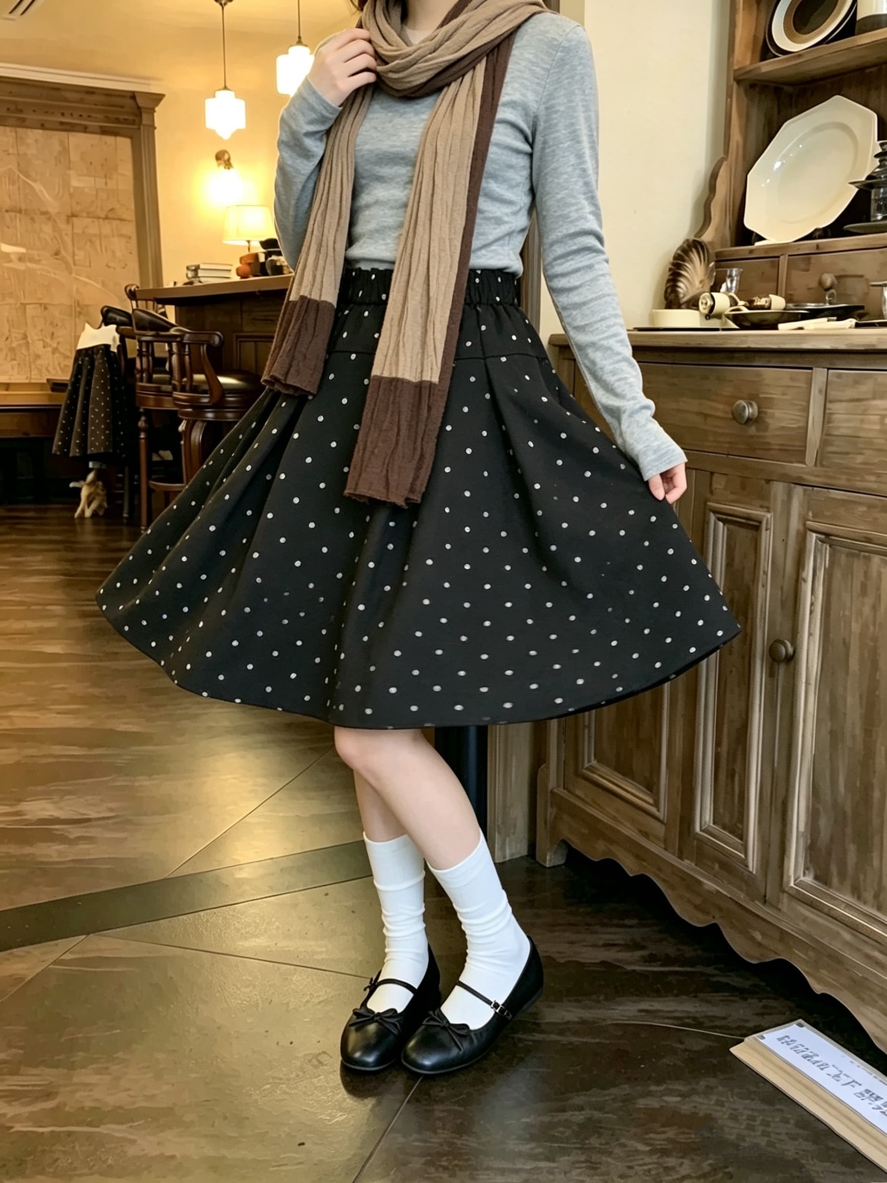 실사 가을 한 부서 새로운 허리밴드 미니 스커트 명중 Pleat 공기 센스 도트 무늬 한 마디 있음 마 안감 반신 스커트 이미지 2