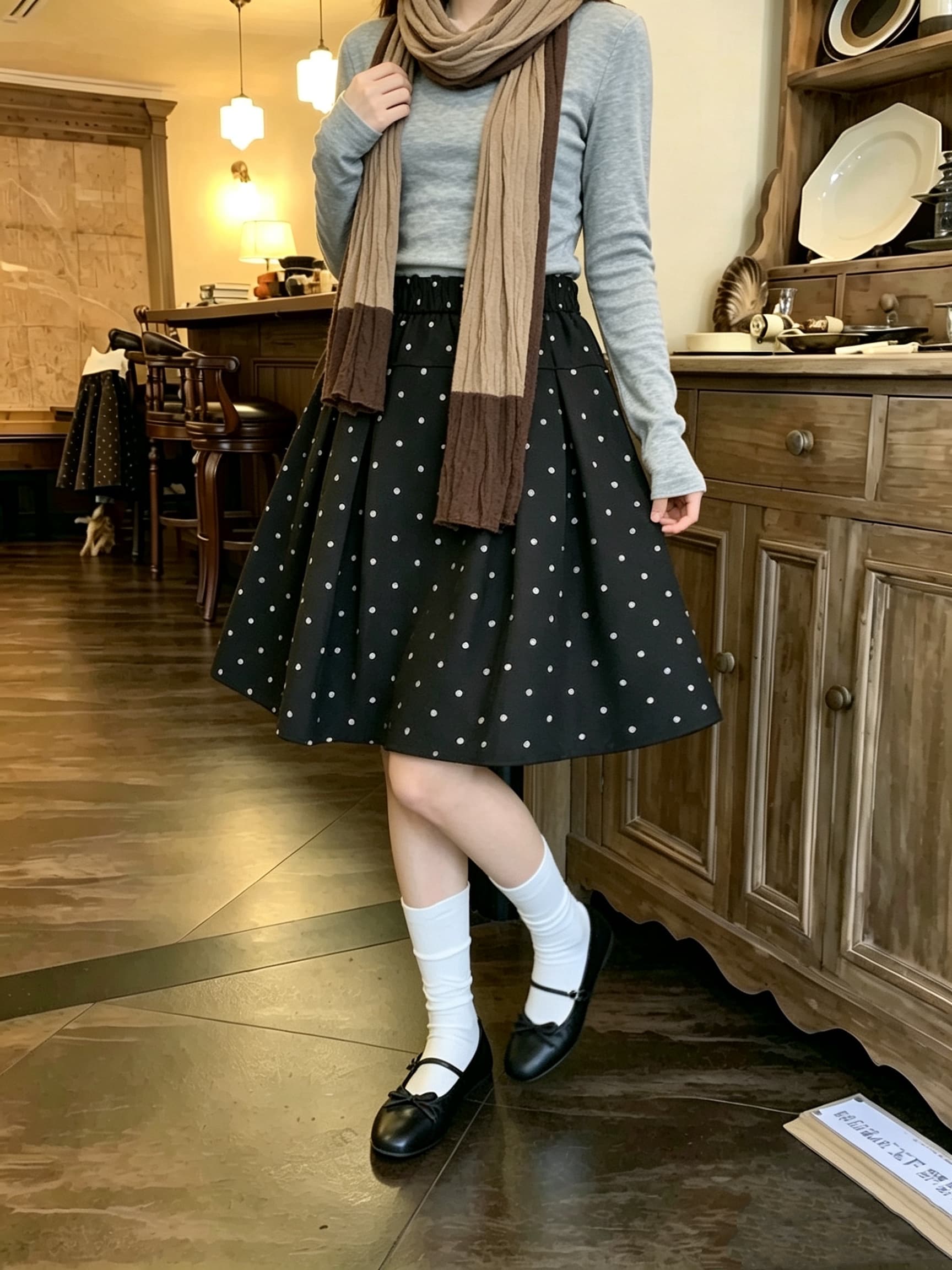 실사 가을 한 부서 새로운 허리밴드 미니 스커트 명중 Pleat 공기 센스 도트 무늬 한 마디 있음 마 안감 반신 스커트 이미지 4