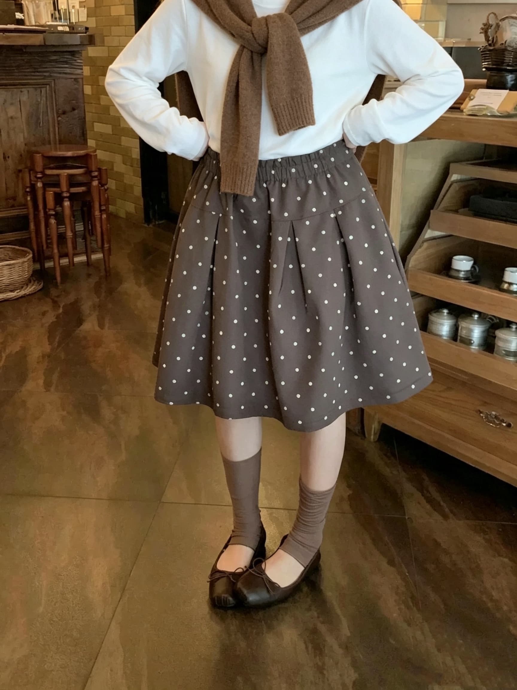실사 가을 한 부서 새로운 허리밴드 미니 스커트 명중 Pleat 공기 센스 도트 무늬 한 마디 있음 마 안감 반신 스커트 상세 이미지 1